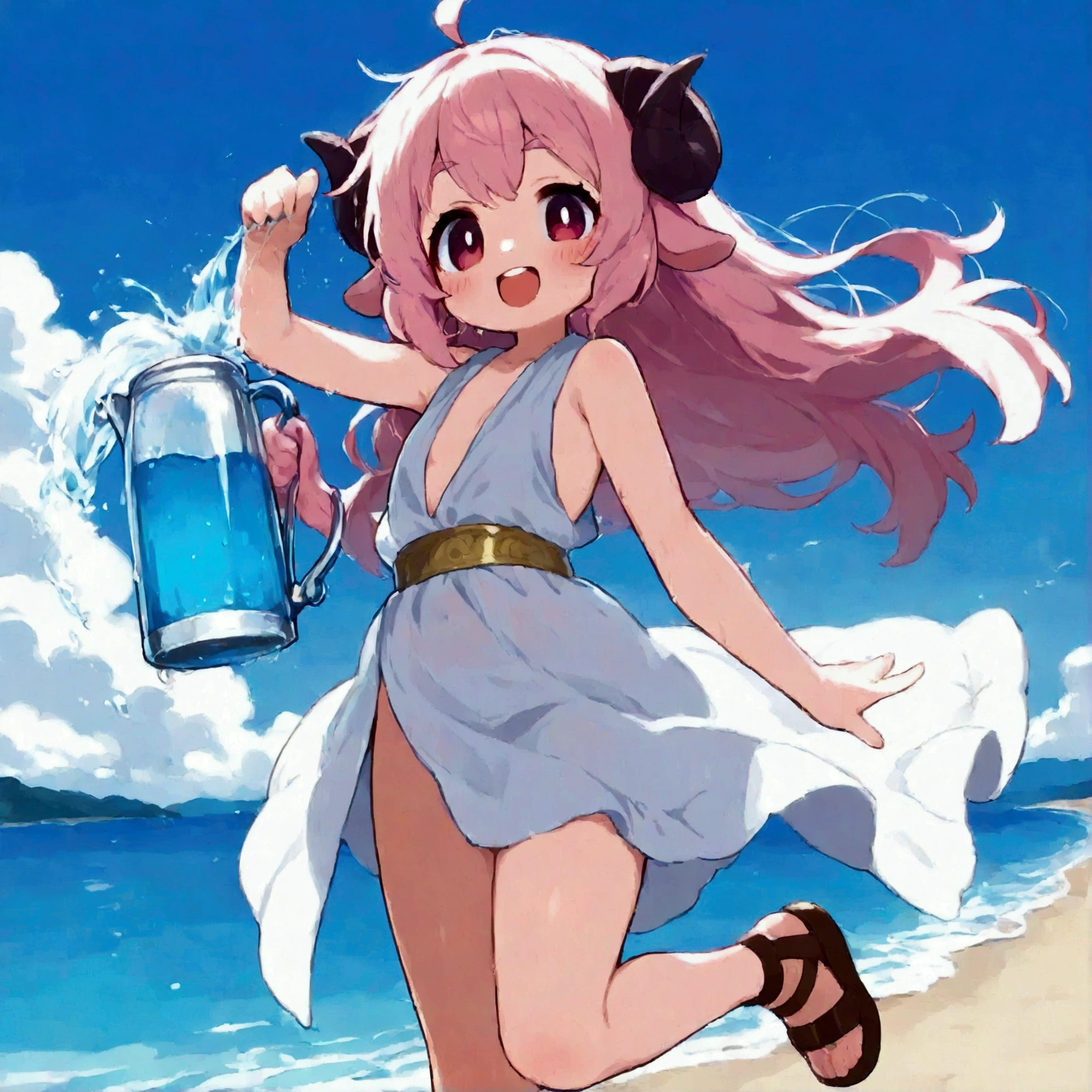 score_9, score_8_up, score_7_up, source_anime, (masterpiece:1.3, best quality:1.3, 8k,  highres icon:1.3, good anatomy), 1girl,  pink fluffy long hair holding a water jug\ Fluffy Long Hair, Sheep&#39;s round horns, Thick eyebrows, smile,  ancient Greek costume, Sandals, 水がめを抱える, cute