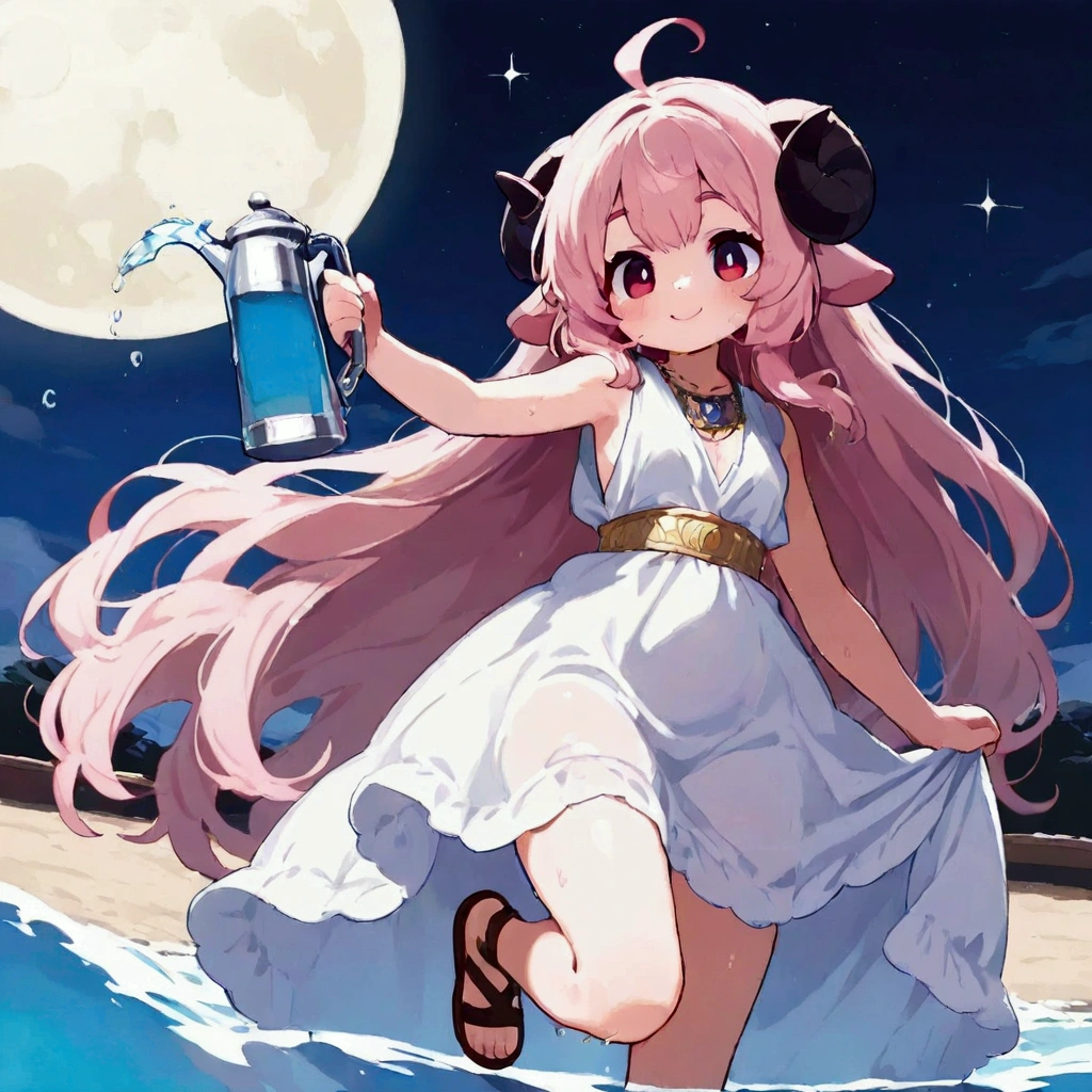 score_9, score_8_up, score_7_up, source_anime, (masterpiece:1.3, best quality:1.3, 8k,  highres icon:1.3, good anatomy), 1girl,  pink fluffy long hair holding a water jug\ Fluffy Long Hair, Sheep&#39;s round horns, Thick eyebrows, smile,  ancient Greek costume, Sandals, 水がめを抱える, cute