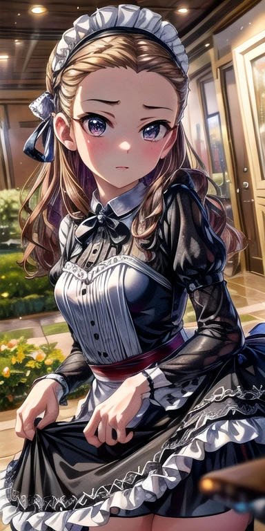 (  Masterpiece  ),  top quality, ((( super detailed, 8K quality))),   expressive eyes ,  perfect face,  perfect anatomy,  perfect body, scene, walnut \(Alcohol backlash\), long hair, Black Hairband, hair ribbon,amount, small breasts,Maid, Maid headdress,  black dress, garden,  standing,  Skirt Hold ,