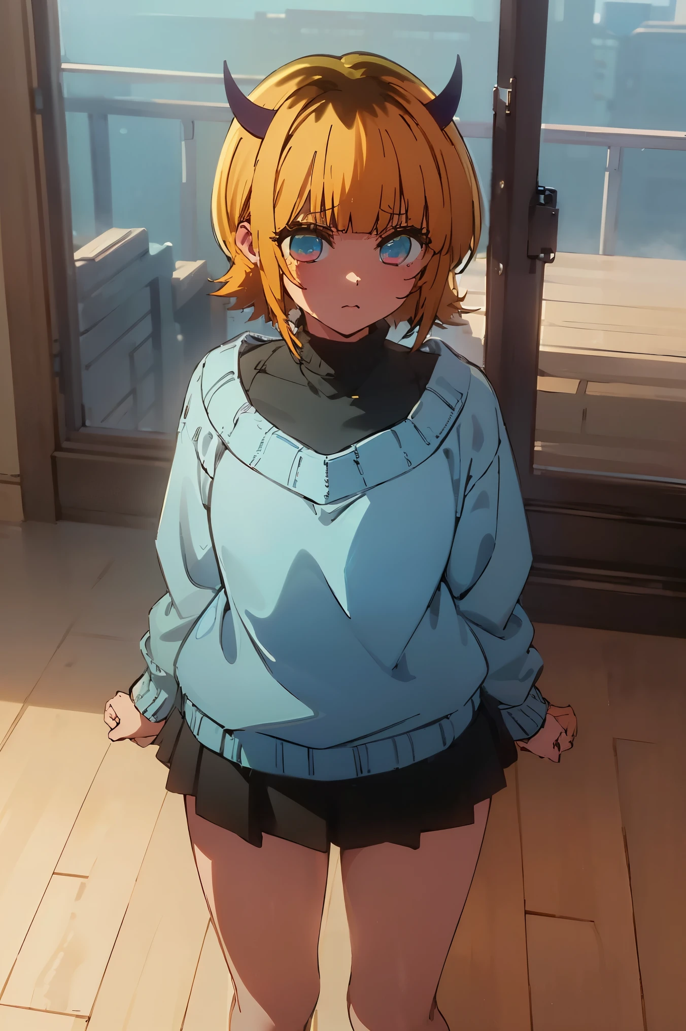 NSFW,masterpiece, top quality, high definition , very detailed ,Memucho, short haired 、 blonde hair 、 multicolor hair 、Aqua Eye、 dull bangs、horn,( blue sweater that tilts forward :1.2)、 black shirt 、 shoulder out、 black skirt