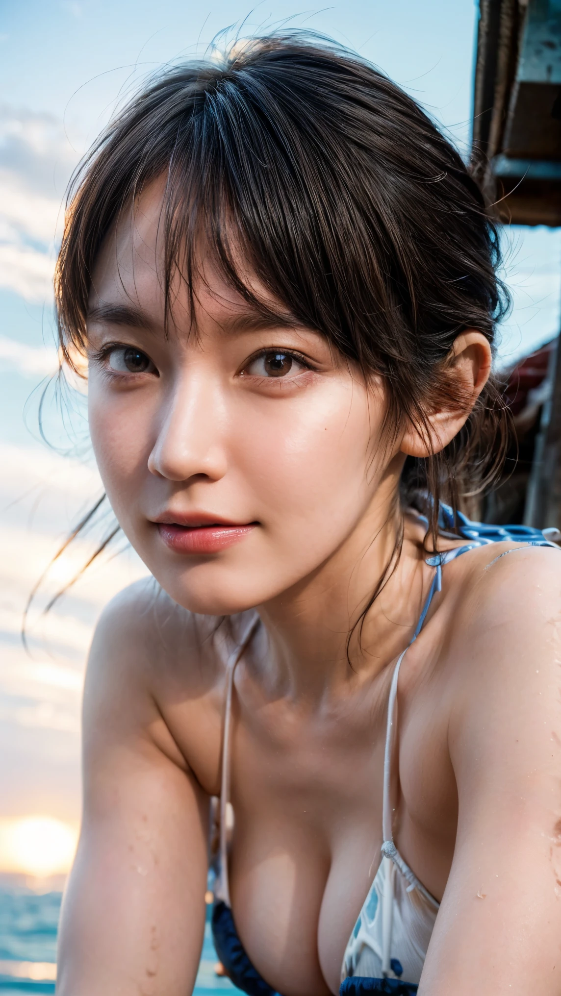 high resolution photograph of a Japanese actress, (realistic, photo-realistic), (best quality, masterpiece), 8k, RAW photo, extremely detailed, intricate details, sharp details, sharp focus, professional lighting, solo, 1girl, beauty and elegant lady, beautiful face, detailed face, detailed eyes, sophisticated nose, smile, pale skin, (large breasts), (micro bikini:1.4), photo background, outdoors, ocean view, beach, magic hour, sunset, evening,