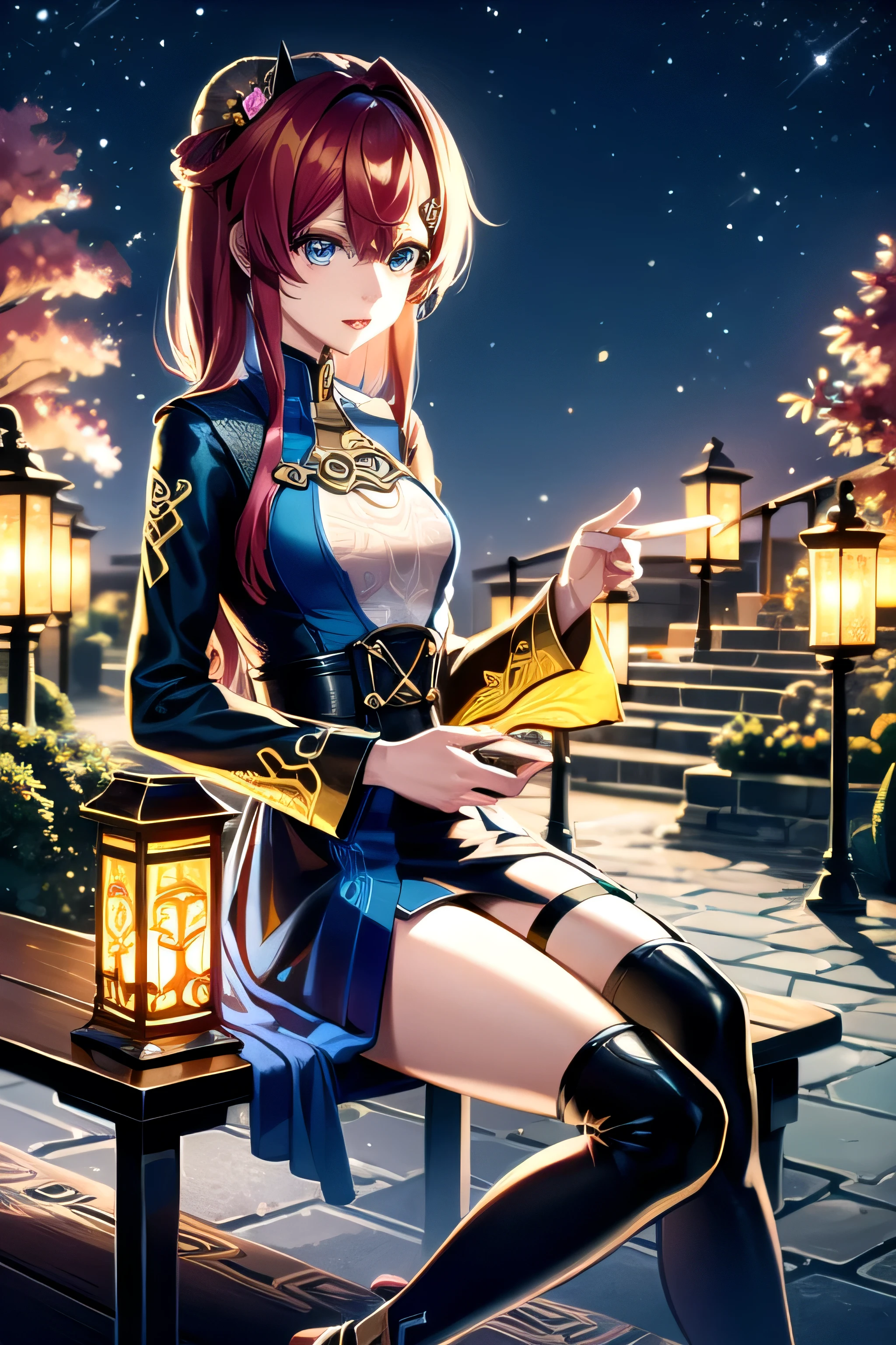 (( top quality)), Golden Land ,Blue rhino, Lantern, red hair,, long,gloss, lotus,