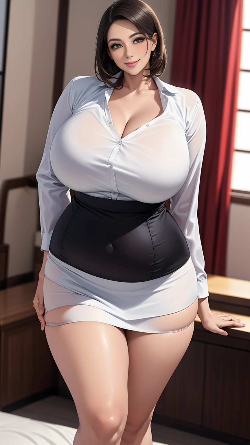 超Practical,Reality,Practical,woman,,Brown hair,Beautiful low ponytail hairstyle, (High waist skirt:1.3),, (knitting), (Double-breasted,Lower Bust:1.2), Short sleeve, Button Gap,自然的Smile,,Frameless glasses,(The perfect body proportions under the clothes,Slender,Huge breasts,Slim waistline,Plump buttocks,Firm thighs,Lace suspender underwear:1.4),满头大Sweat,full body Sweat ribbon,Bright brown hair,8K original image,High resolution, Guy with cool expression,,Beautiful eyes in every detail,Long eyelashes,Beautiful double eyelids,Squint your eyes,(open mouth,pant,Breathe through your mouth),evil look,Smile,casual short hair,hair on back of head,ribbon,interesting,empty,Dark brown hair,earrings,Long hair with bangs,满头大Sweat,Sweat,