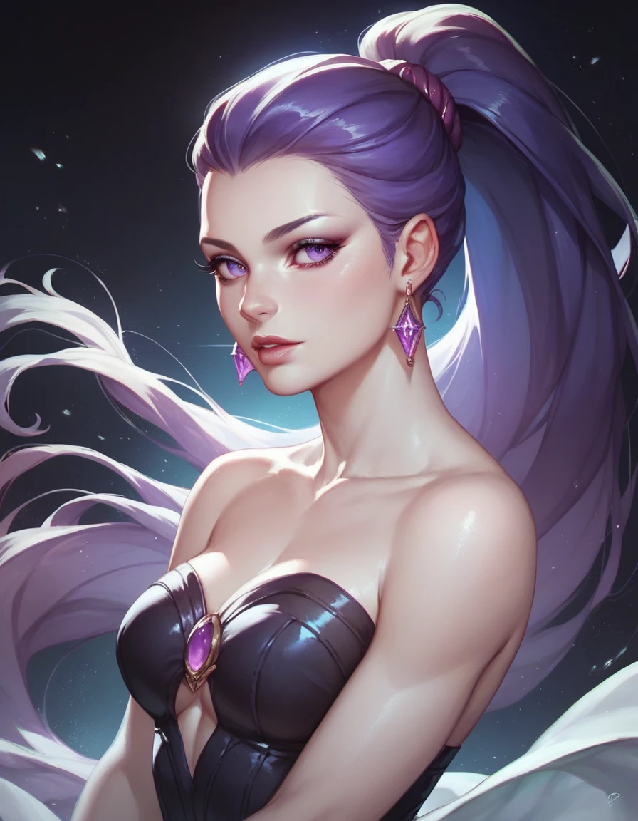 evelynn league of legends, KDA ALL OUT apparel, posse sexy, seducing gaze, (face detailed), wide shot, uhd, super detail, best quality, highres, 8k, (evelynn kda all out),