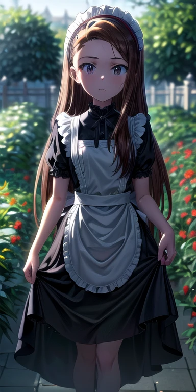 (  Masterpiece  ),  top quality, ((( super detailed, 8K quality))),   expressive eyes ,  perfect face,  perfect anatomy,  perfect body, scene, walnut \(Alcohol backlash\), long hair, Black Hairband, hair ribbon,amount, small breasts,Maid, Maid headdress,  black dress, garden,  standing,  Skirt Hold ,