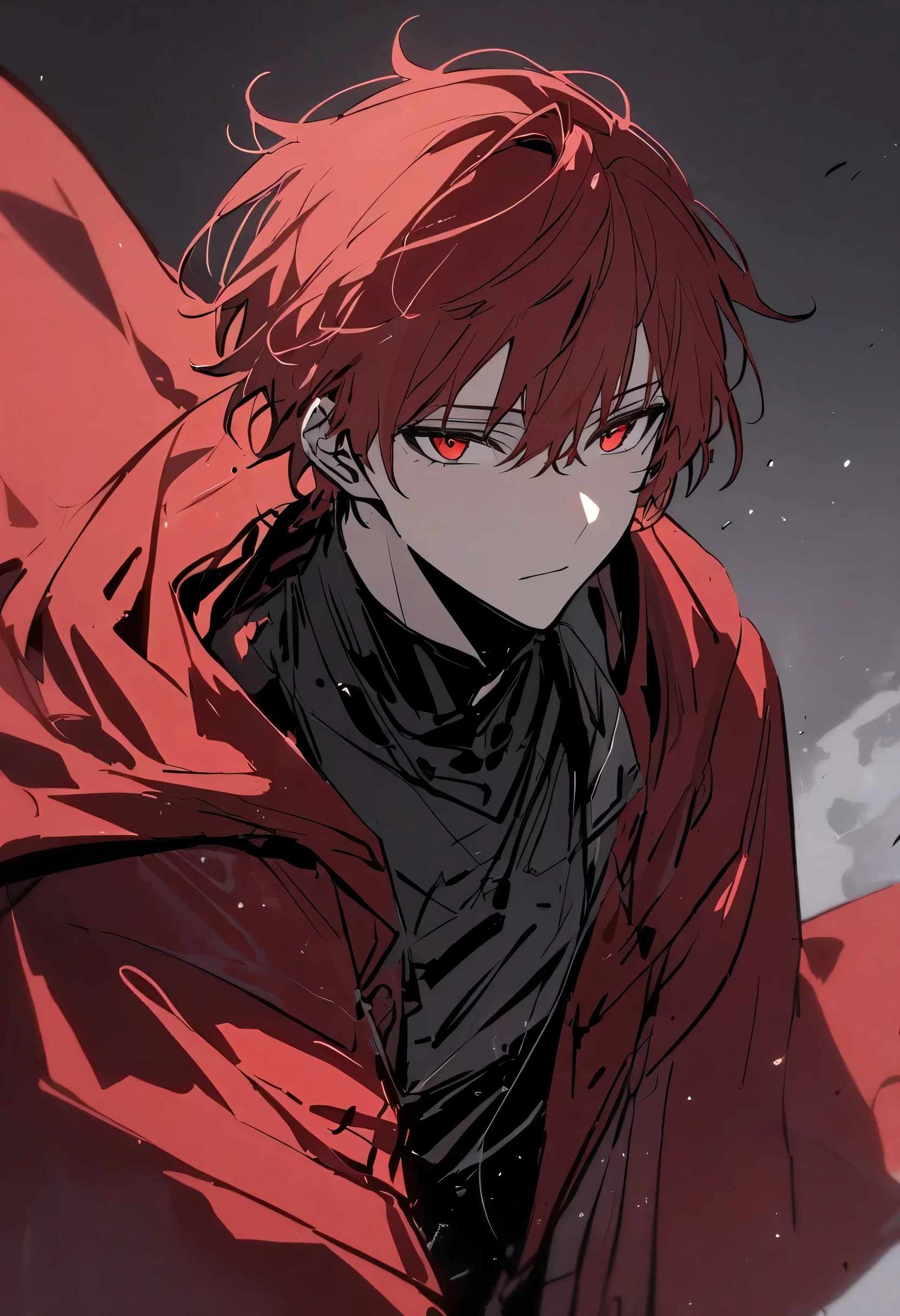 Handsome + male + red hair + short hair + red eyes + red and black haori + black hakama + alone