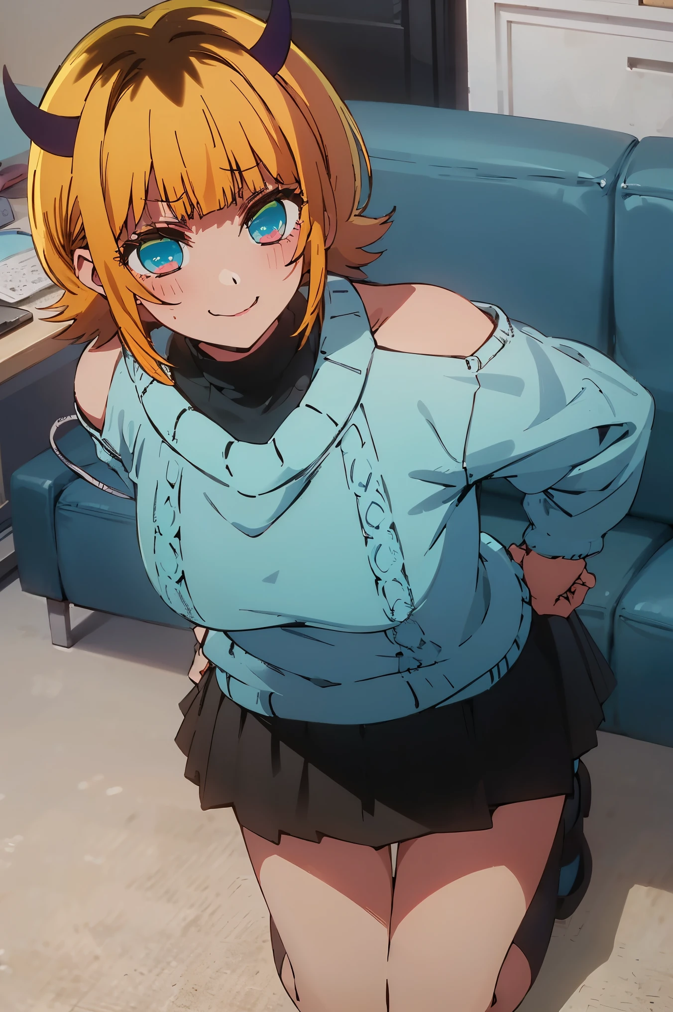 NSFW,masterpiece, top quality, high definition , very detailed ,Memucho, short haired 、 blonde hair 、 multicolor hair 、Aqua Eye、 dull bangs、horn,( blue sweater that tilts forward :1.2)、 black shirt 、 shoulder out、 black skirt,office,Sofa,blush,smile