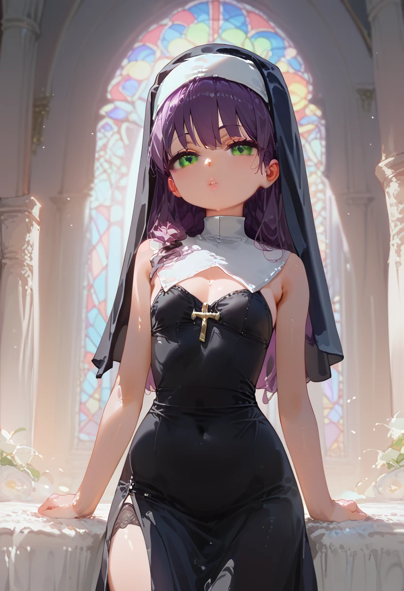 ((high quality)), ((nsfw)), ((anime girl)), ((wide shot)), ((li girl)), ((sexually active)), ((provocative scenario)), beautiful girl, beautiful body, nun's dress, flat chest, green eyes, long hair, purple hair 