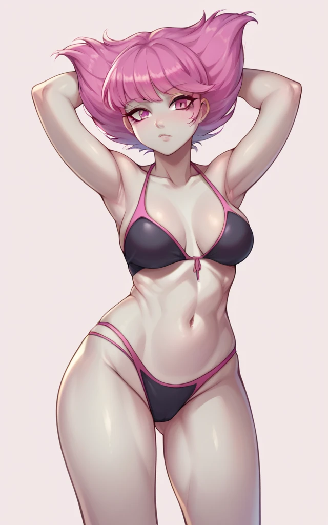 score_9,score_8_up,score_7_up pastel colors,highres BREAK jinxSDXLPN,1girl,solo,short hair,pink eyes,pink hair,grey skin, bikini 