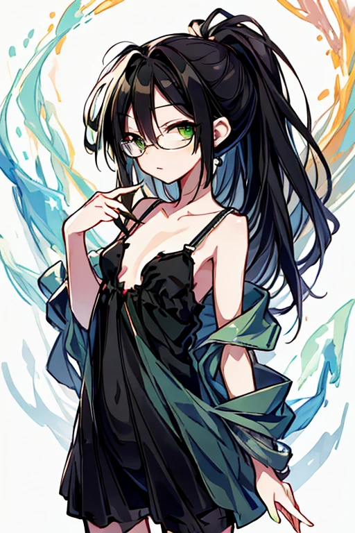 masterpiece,best quality,ultra detailed,supper fine illustration,hires,official art, I put glasses on my short, black hair, and long, slender eyes, top quality,  Masterpiece  ,  black hair,  green eyes,  small breasts,  she's wearing a swimsuit ,  standing, full body,  simple background, body,  embarrassed expression, city, a girl, ponytail