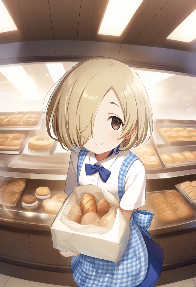   1 girl,   medium chest ,
Kobeya uniform,  blue skirt, Blue Necklace, Gingham Apron, Bakery,
  cinematic angle, Looking Ahead, smile,    Closed Her Mouth ,
 top quality,Medium quality ,, , single Hair Bun, Hair Bun,   blonde hair , Hair above the eyes,   short haired  ,   Brown Eyes   ,   flat chested,(  perfect hand with giant bow ,  perfect anatomy),,   Five Fingers, (((Shirasaka Koume, blonde hair,  hair covering one eye ,  short haired ,  Brown Eyes ,  flat chested)))
