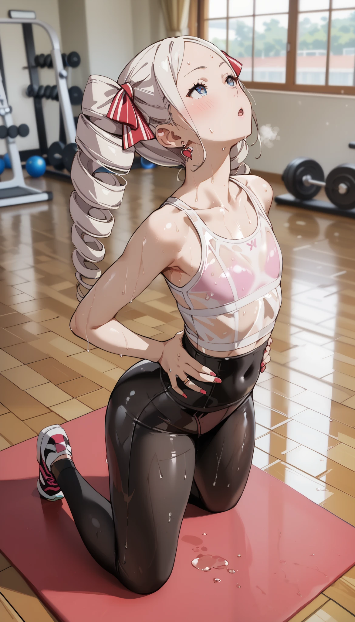 creamy long pale hair，double twin tails、(sweaty skin)、 (highest quality, 8K, 32K, masterpiece, UHD:1.2)、wet clothes、((see-through))、blush,(((sweat))),((from adove)),(latex tank top),short leggings,fitness,training、ring earrings、(big Thighs)、(big hip)、steam、(((yoga)))、(((yoga pose)))、dynamic pose、(((leaningback))) 、(((arched back)))、hands on hips、(((looking up)))、flat chest