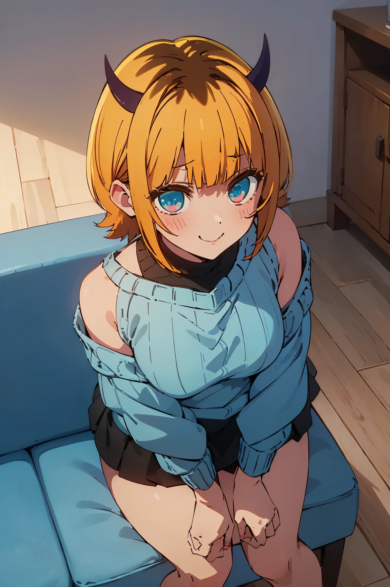 Naughty woman , Wearing a sweater, anime, anime movie, Twinkle smile, pale blue eyes, Blonde ponytail、plump breasts、slender、Looking up
