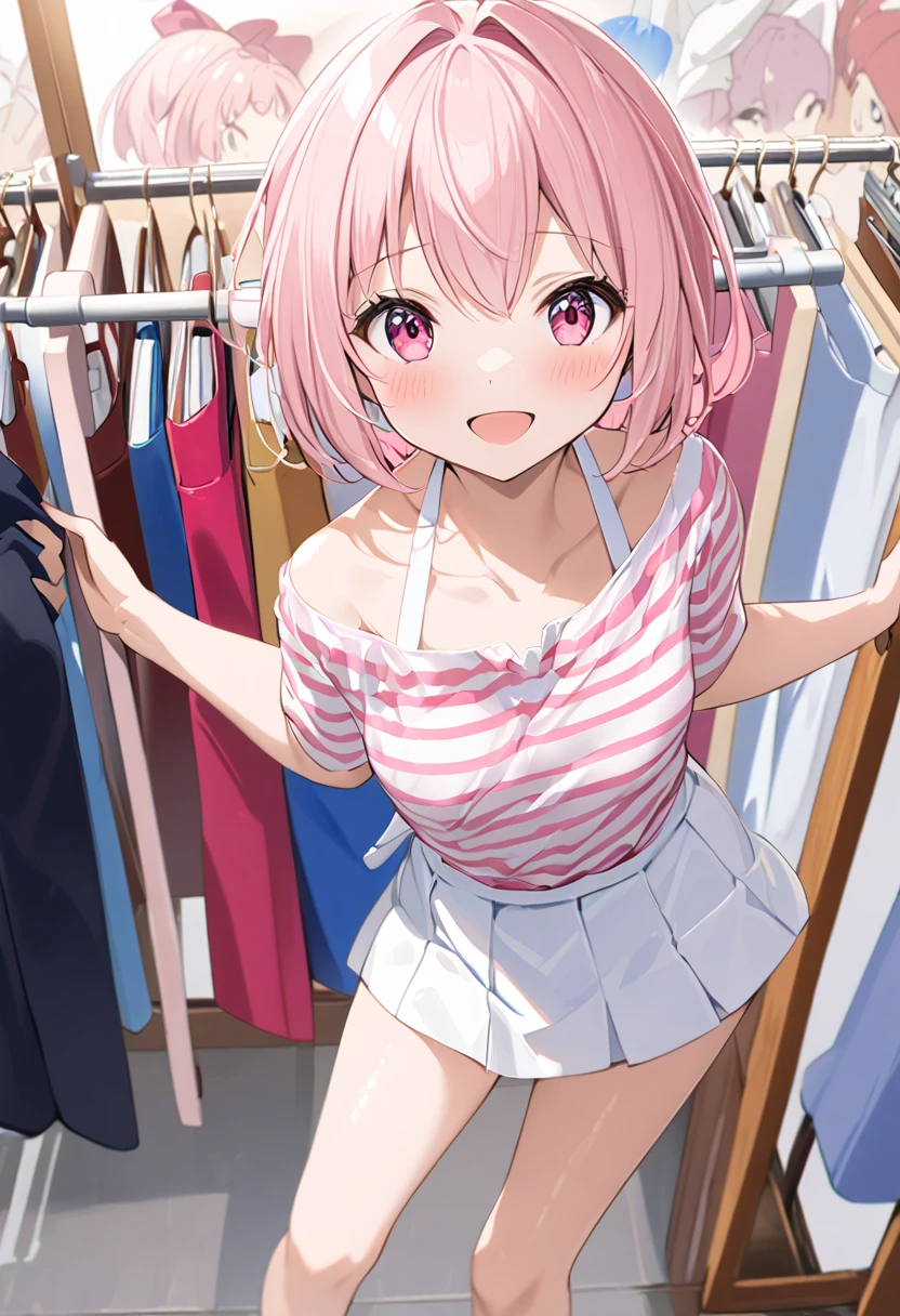  top quality、 anime painting、Round eyes 、 very young girl 、 very small breasts 、Long neck、Very thin body、Very slim legs、Glossy Light Pink Hair 、 、 short haired 、pink and white striped shirt 、 white miniskirt 、 I wear a white pouch over my shoulder、 apparel shop with clothes lined up、 1 middle-aged man、A man clings to a girl、excited man、Open your hands、smile、blush