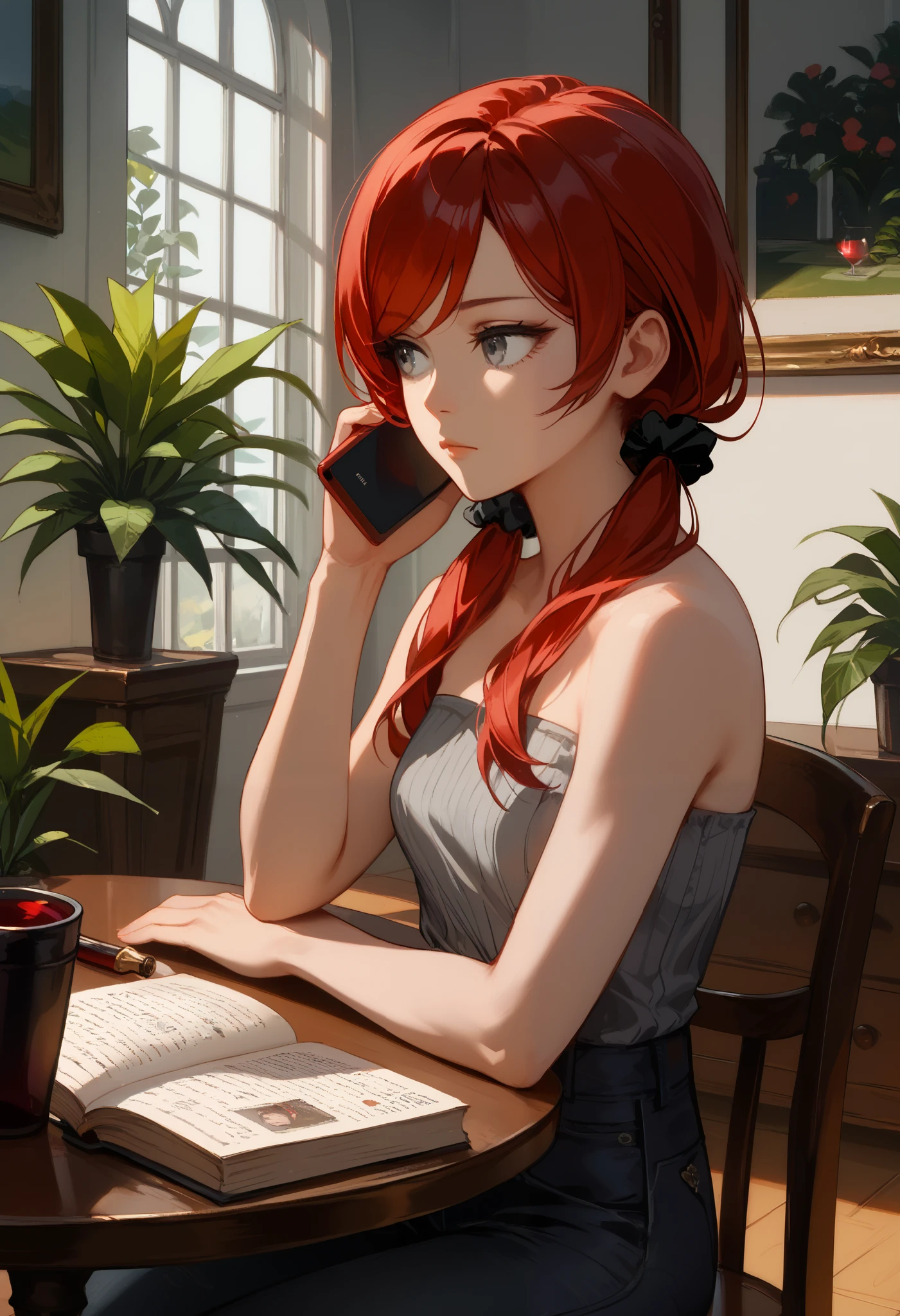 (masterpiece, best quality), 1 expressionless girl, looking to the side, thin, talking on phone, beautiful face,  ((Gray eyes, dark red hair, swept bangs, low twin tails)), hair scrunchie, ((strapless gray sleeveless shirt, shirt with white trim, black jeans)), small breasts, slightly toned arms, potted plants, chair, table, book, wine bottle, 