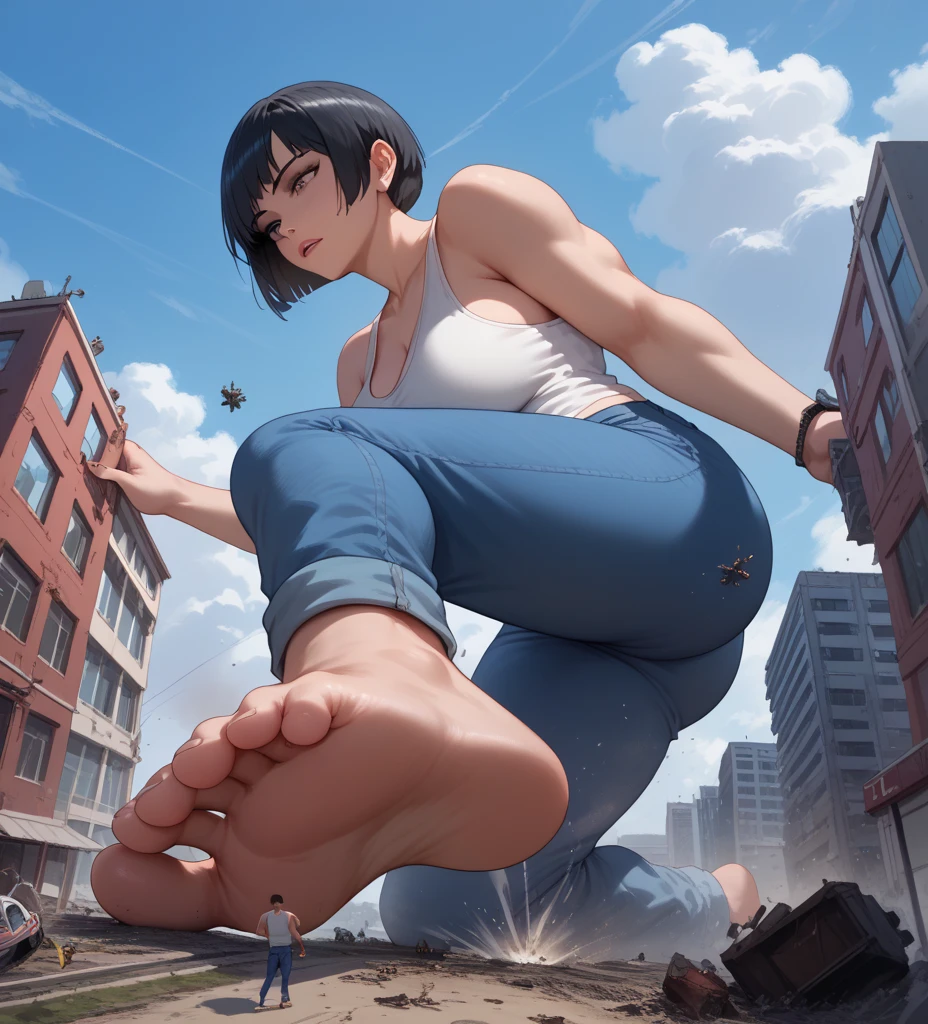 Giantess, shortcut ,  black hair,  Big Breasts ,  destroy a residential area,Destroy with your feet , tank top in front of urinal, blue pants 