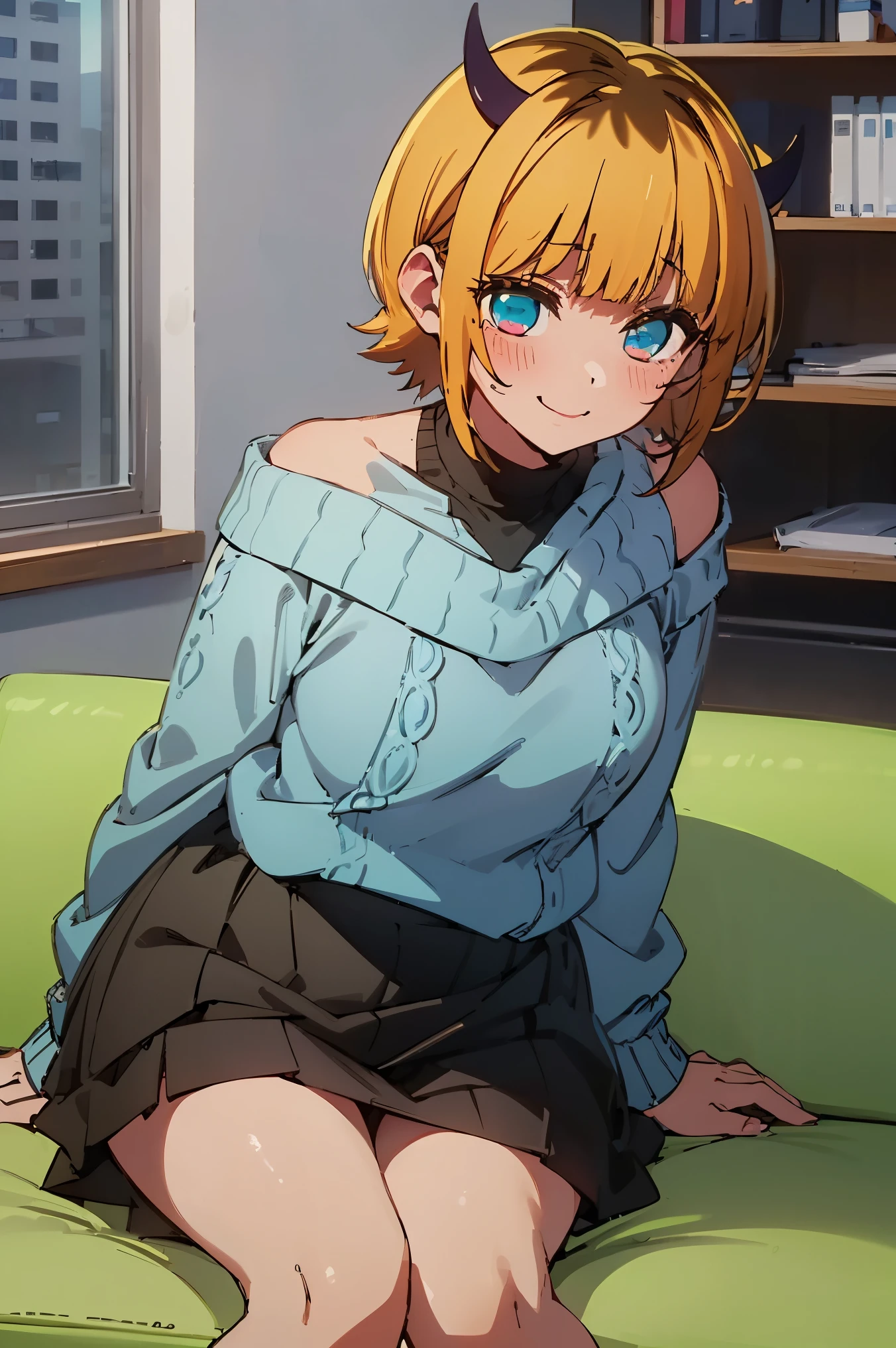 NSFW,masterpiece, top quality, high definition , very detailed ,Memucho, short haired 、 blonde hair 、 multicolor hair 、Aqua Eye、 dull bangs、horn,( blue sweater that tilts forward :1.2)、 black shirt 、 shoulder out、 black skirt,office,Sofa,blush,smile