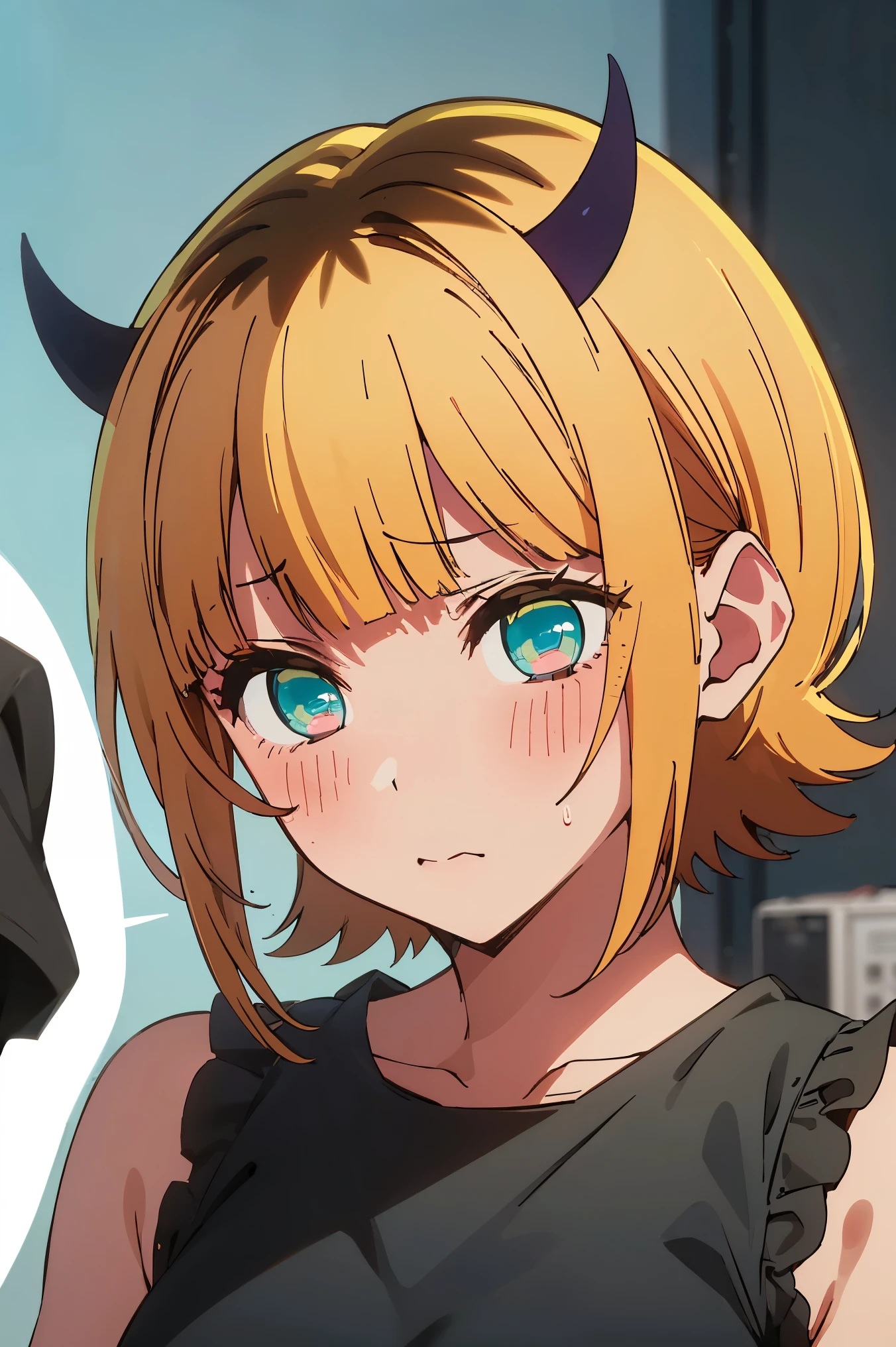 NSFW,masterpiece, top quality, high definition , very detailed ,Memucho, short haired 、 blonde hair 、 multicolor hair 、Aqua Eye、 dull bangs、horn,Embarrassed,blush