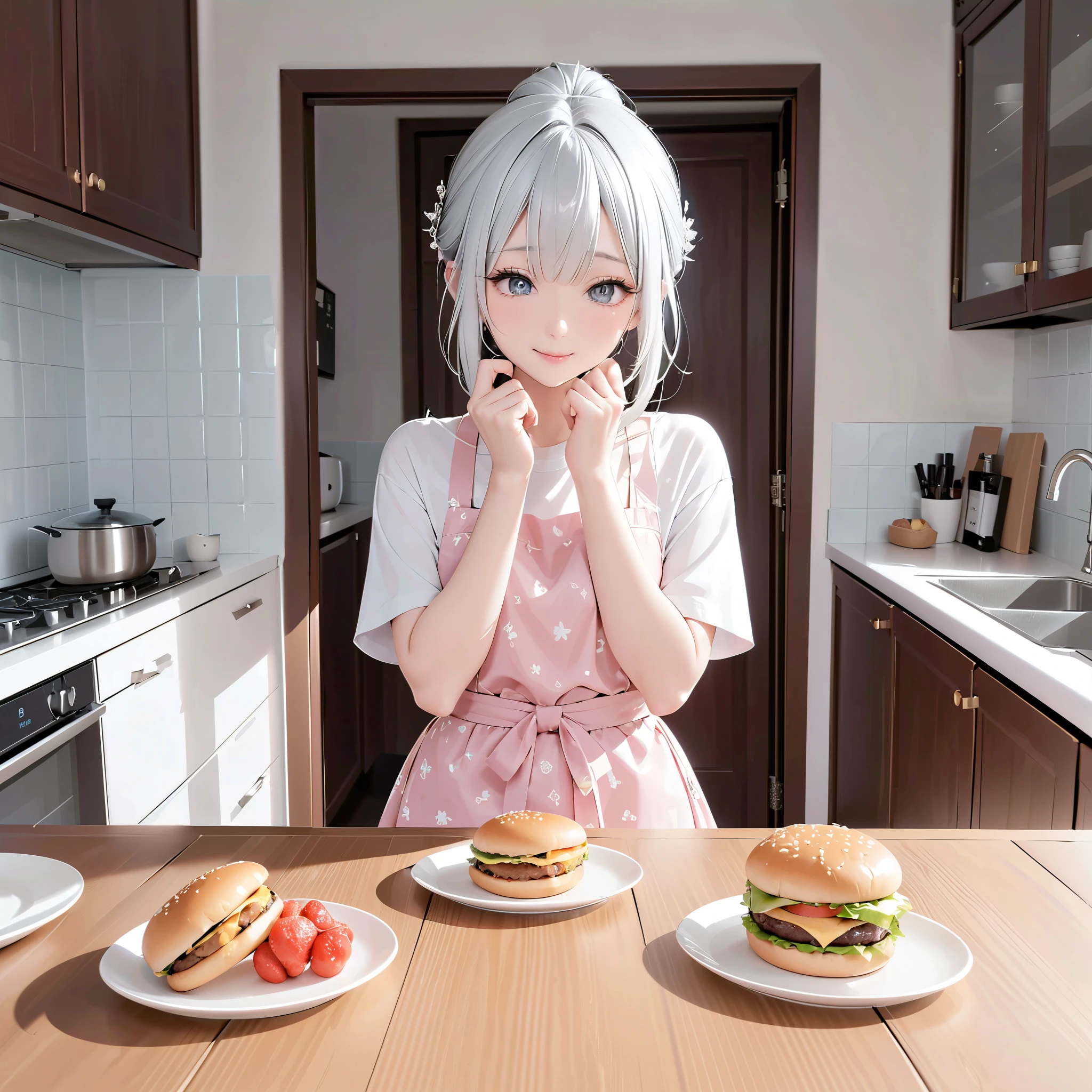 1 Japanese cute girl with silvery white hair in an intricate asymmetrical updo. The back of her hair is bunched high and short with the ends fanning out. The left side of her hair frames her face with long, loose strands, while the right side of her hair is loosely swept back over her ears and bunched together with the back hair, creating a slightly unbalanced but elegant look. A high, luxurious hair accessory on top adds a unique and fashionable feelings to the hairstyle. Her hair catches the light and gives off a shiny, metallic shine. BREAK (glossy silver eyes:1.5), (beautiful eyes, twinkle eyes, large eyes, close eyes), (athlete body), cute face, beautiful face, pretty face, beautiful, best quality, good anatomy, long eyelashes, expressive eyes, Perfect Hands, BREAK the girl has five fingers on each hand, BREAK 1girl, pink botanical print apron, white shirt, white skirt, short sleeves, pink slipper, smile, shy, BREAK, 1girl, morning, standing, kitchen, (she has a plate with one hamburger on it). BREAK 1girl, she has five fingers on each hand, BREAK (masterpiece:1.2, amazing quality), cute, beautiful, full body detailed, 32K, high details, perfect lighting, perfect anatomy, sharp outline, Perfect hand