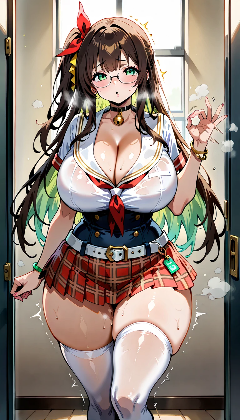 1girl, light green eyes, big eyes, long eyelashes, long hair, multi-colored hair, light brown hair, dark brown hair, side ponytail, black hair ribbon, makeup, female, huge breasts, cleavage, school uniform, sailor uniform, plaid skirt, Micro Mini Skirt, leggings, thighs, wide hips, glasses, Belt choker with bells, jewelry, bracelet, Knee-high socks, steam, looking at viewer, girl trembling with sexual climax, handjob gesture, playroom