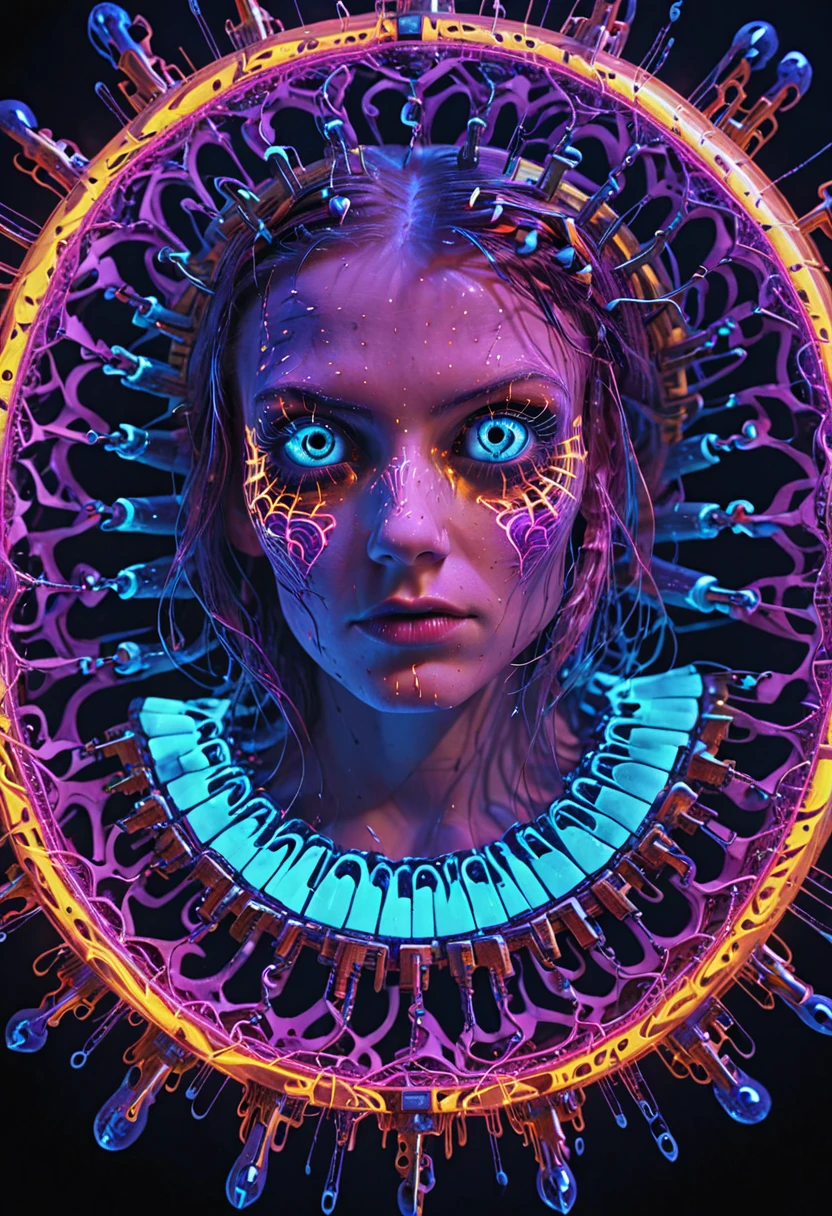 psychedelic style Imagine a young Polish woman immersed in the esoteric practices of cyber-occultism, machine-driven with an unwavering willpower. Her eyes dimly glow glow with an otherworldly light. She weaves incantations laden with binary codes, summoning spirits from the digital realm to do her bidding. Her mechanical familiar, a guardian constructed from salvaged scraps and advanced engineering, stands sentinel by her side. Together, they traverse the dark corners of technology, guided by their mutual desire to understand the unknown. . vibrant colors, swirling patterns, abstract forms, surreal, trippy,