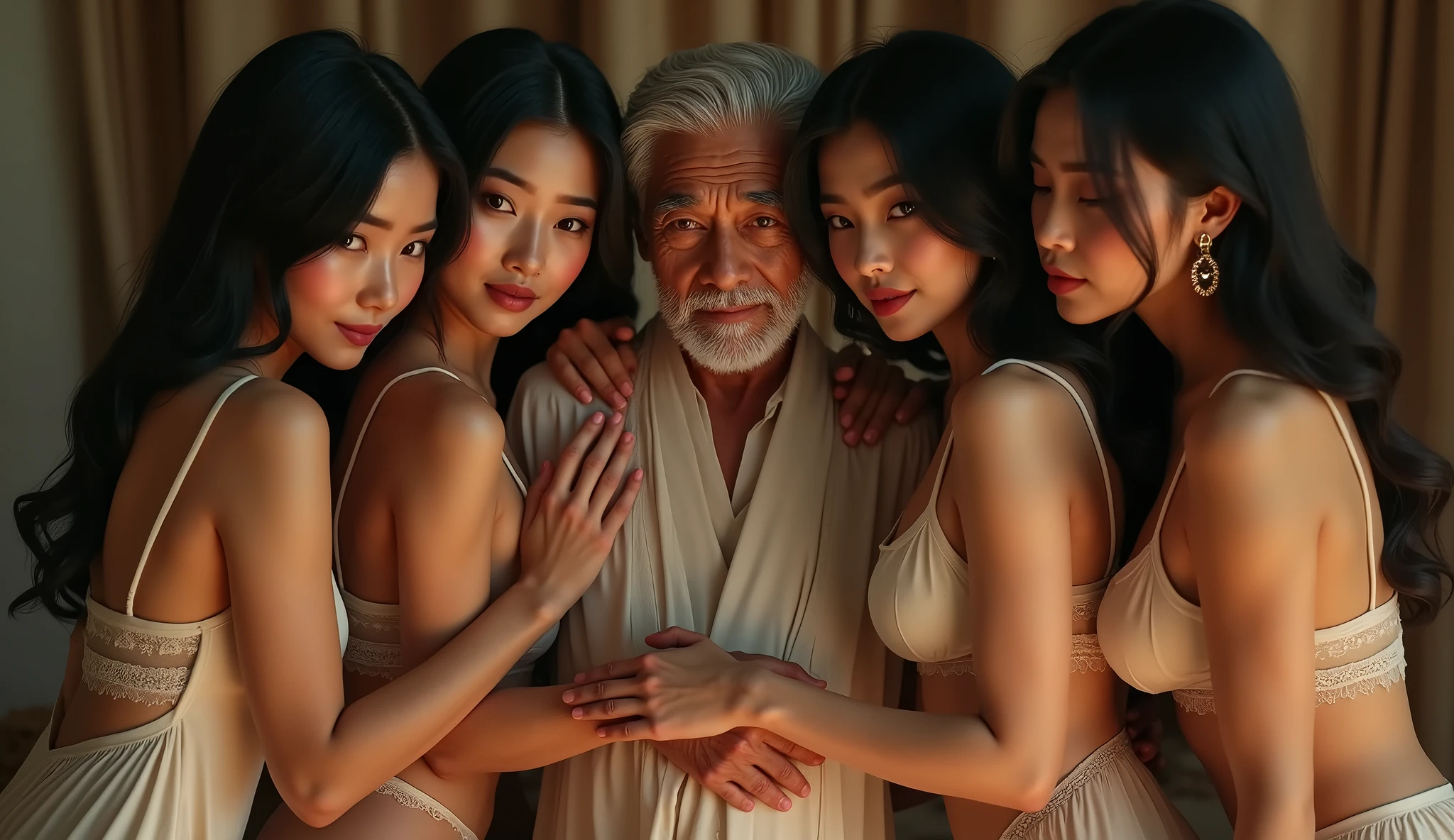 Old man with 3 vietnam girl, an elderly malay man dressed in office clothes stood looking at 3 young beautiful vietnamese girls with colourful hair and tattoo who were lying on the bed wearing only bras and underwear,