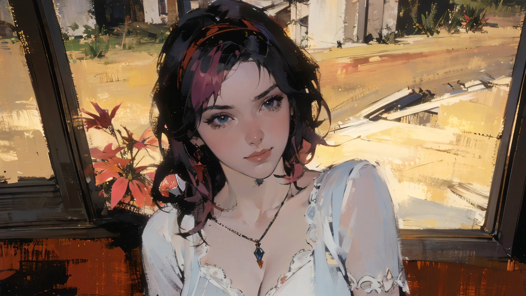  Close-up art portrait , In an ancient castle,  A beautiful transparent ghost girl stands by the window in a black blanket at night ,   a girl with a hair band looks out the window hoping to see her lover , One, 1 girl,  masterpiece fails,   very detailed  ,   Ultra high resolution  ,   high detail ,   black hair , sad,  Tears are flowing ,  cowboy shoots ,   jewelry , You ,   The light effects of the movie  ,   divine rays  ,    ray tracing   , shooting, Gothic, Anime style,  Eye bangs, Youсокое разрешение,  Realistic anatomy,  In detail,  Hidden hair coloring ,  pink hair ,  black hair,  white hair , Gothic style, Art Deco style,  Gustav Moreau style painting . dark theme. There is a woman with red flowers in her hair, album cover,  inspired by an image of a man wearing a white shirt and a Yanjun Cheng necklace, gaining popularity on cgsociety, Synchronism , . 4 thousand.,  guweiz artwork  , beautiful great digital art,  beautiful art illustration, great digital art,  A beautiful digital artwork ,  glowing red eyes,   surrealism, Art Deco, anime, cinematic lighting, Fujicolor, best quality, masterpiece