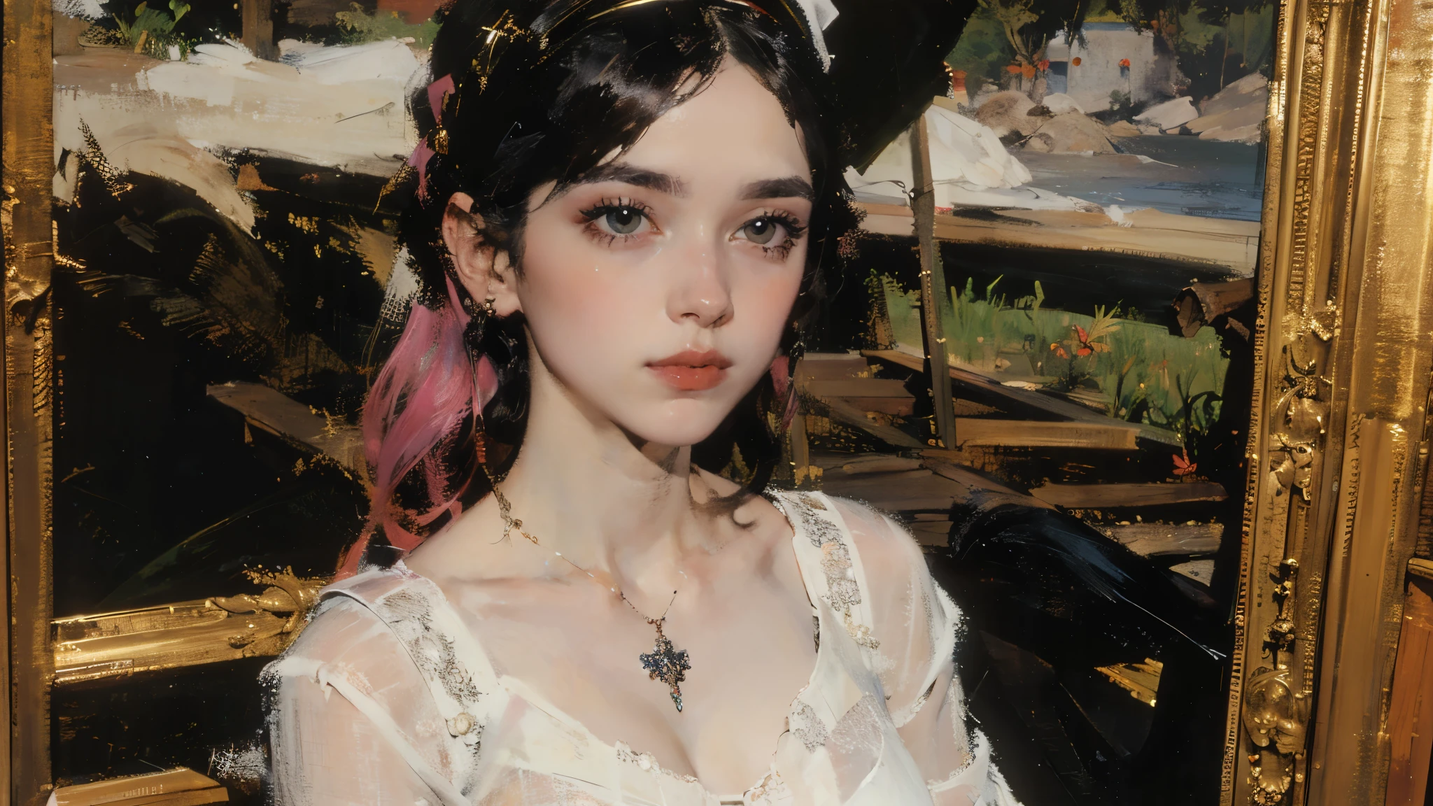  Close-up art portrait , In an ancient castle,  A beautiful transparent ghost girl stands by the window in a black blanket at night ,   a girl with a hair band looks out the window hoping to see her lover , One, 1 girl,  masterpiece fails,   very detailed  ,   Ultra high resolution  ,   high detail ,   black hair , sad,  Tears are flowing ,  cowboy shoots ,   jewelry , You ,   The light effects of the movie  ,   divine rays  ,    ray tracing   , shooting, Gothic, Anime style,  Eye bangs, Youсокое разрешение,  Realistic anatomy,  In detail,  Hidden hair coloring ,  pink hair ,  black hair,  white hair , Gothic style, Art Deco style,  Gustav Moreau style painting . dark theme. There is a woman with red flowers in her hair, album cover,  inspired by an image of a man wearing a white shirt and a Yanjun Cheng necklace, gaining popularity on cgsociety, Synchronism , . 4 thousand.,  guweiz artwork  , beautiful great digital art,  beautiful art illustration, great digital art,  A beautiful digital artwork ,  glowing red eyes,   surrealism, Art Deco, anime, cinematic lighting, Fujicolor, best quality, masterpiece