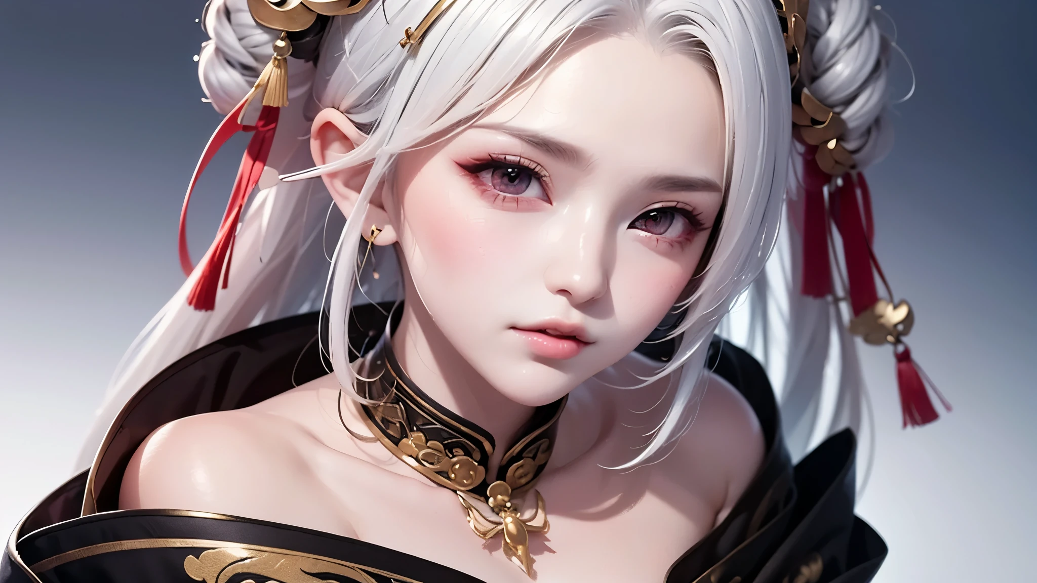 super high quality, masterpiece, Perfect illustration, Very detailed:1.6, 1girl, 23 years old, cute girl, white hair, sharp and big beautiful eyes, large breasts, bright skin, Tattoo under the eyes. fantasy royalty, onmyoji, majesty, asian dress. black and gold clothes. simple background
