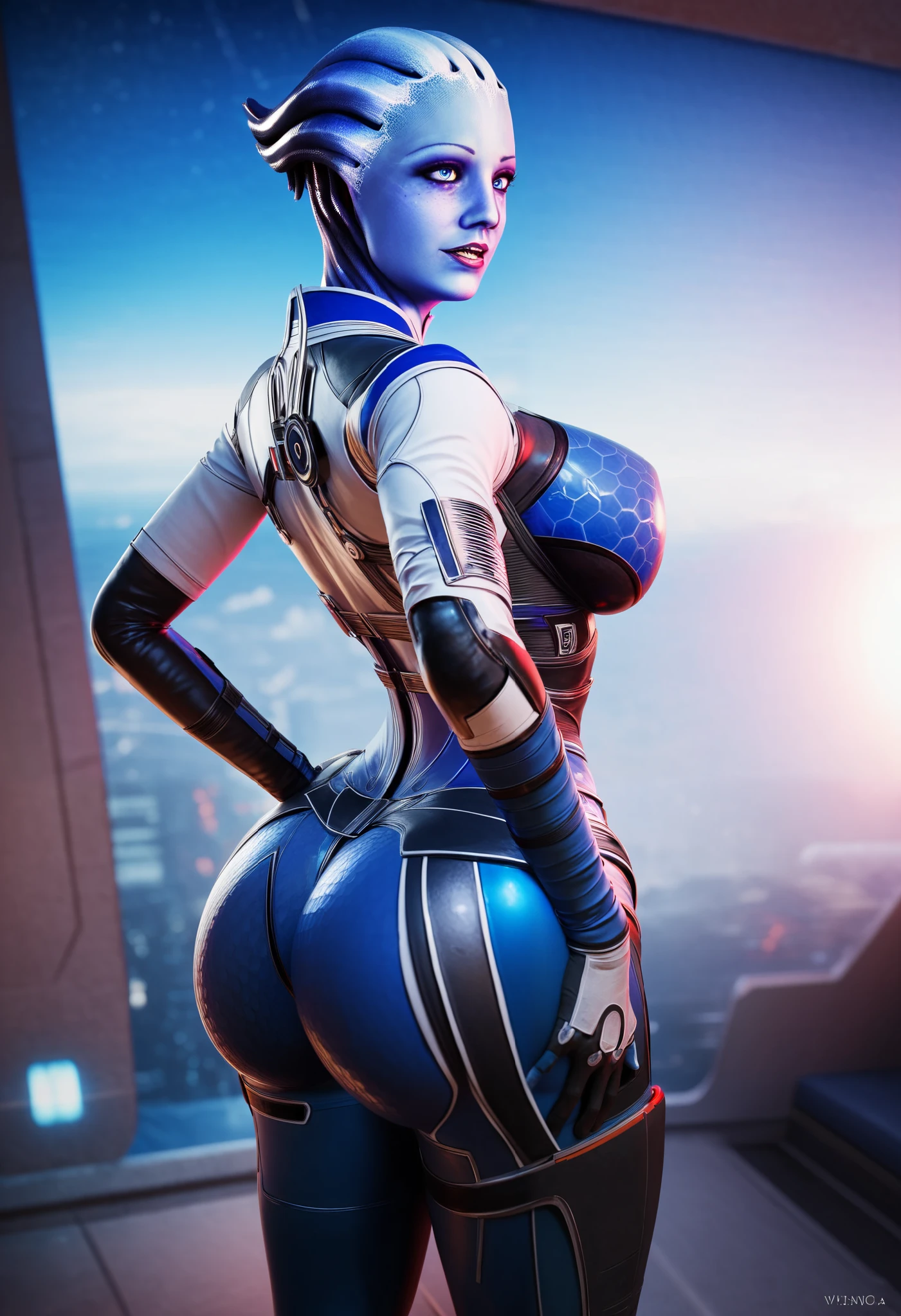 masterpiece, best quality, (photorealistic:1.4), full body, (naked), ((from behind)), , ((sexy dance)), in galaxy, cinematic light, beautiful woman, skinny, large breasts, fringe, detailed face, short sky blue hair, wide hips, big ass