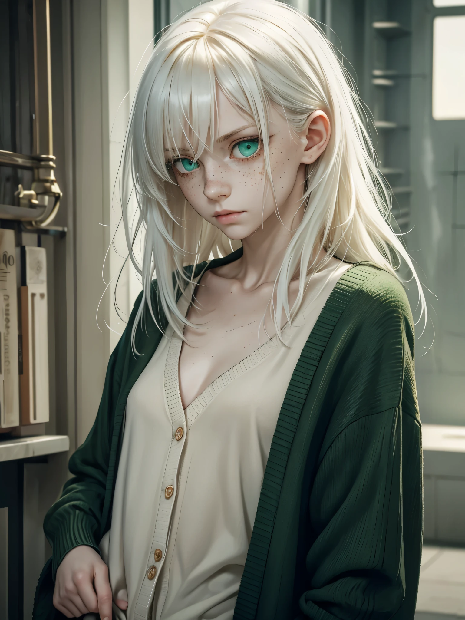 (best quality), 1girl, Female, pale skin, white hair, medium hair, messy hair, messy bangs, hair over eyes, green eyes, perfect eyes, dark circles under eyes, scowl, scar on face, dark green long cardigan, orange sweater, three-quarter trousers, ish, freckles, albino, flat chest, masterpiece, anatomically