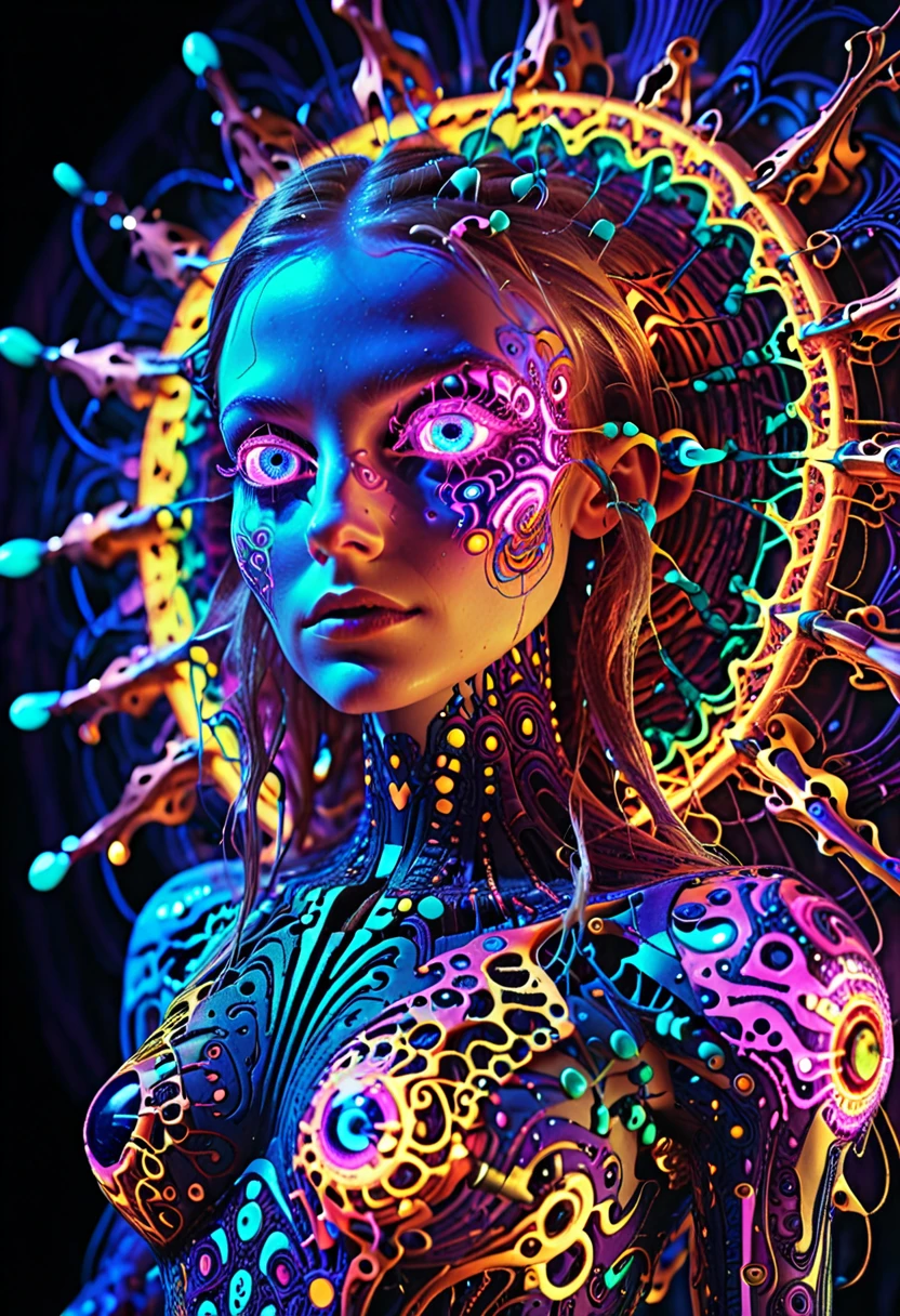 psychedelic style Imagine a young Polish woman immersed in the esoteric practices of cyber-occultism, machine-driven with an unwavering willpower. Her eyes dimly glow glow with an otherworldly light. She weaves incantations laden with binary codes, summoning spirits from the digital realm to do her bidding. Her mechanical familiar, a guardian constructed from salvaged scraps and advanced engineering, stands sentinel by her side. Together, they traverse the dark corners of technology, guided by their mutual desire to understand the unknown. . vibrant colors, swirling patterns, abstract forms, surreal, trippy,