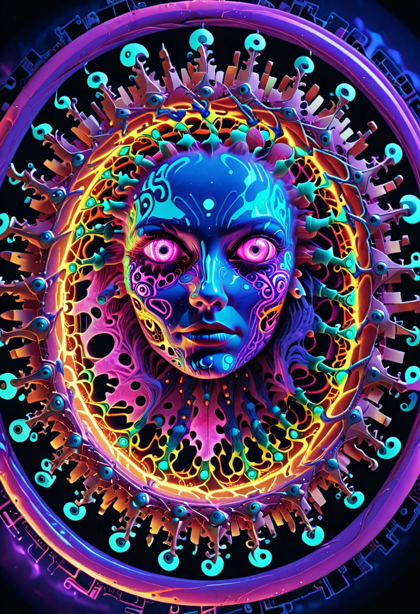 psychedelic style Imagine a young Polish woman immersed in the esoteric practices of cyber-occultism, machine-driven with an unwavering willpower. Her eyes dimly glow glow with an otherworldly light. She weaves incantations laden with binary codes, summoning spirits from the digital realm to do her bidding. Her mechanical familiar, a guardian constructed from salvaged scraps and advanced engineering, stands sentinel by her side. Together, they traverse the dark corners of technology, guided by their mutual desire to understand the unknown. . vibrant colors, swirling patterns, abstract forms, surreal, trippy,