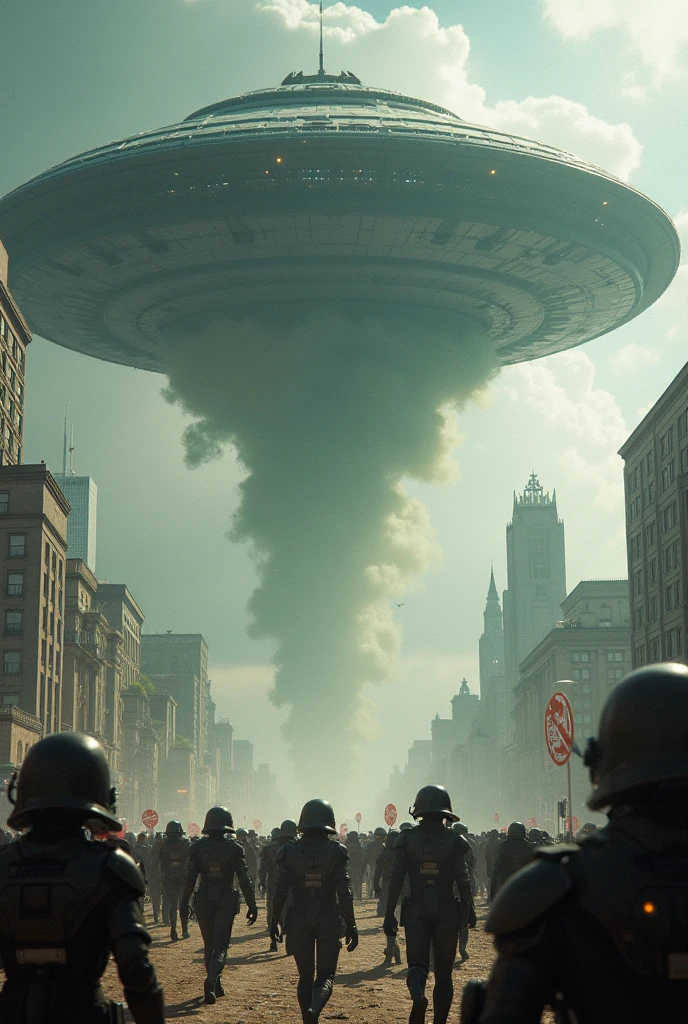 Hyper Realistic Photograph, Aliens marching down the street, alien invasion, Dystopian world, overgrown buildings, Exploding ufo, building fire,  By Ridley Scott, 64k, Masterpiece