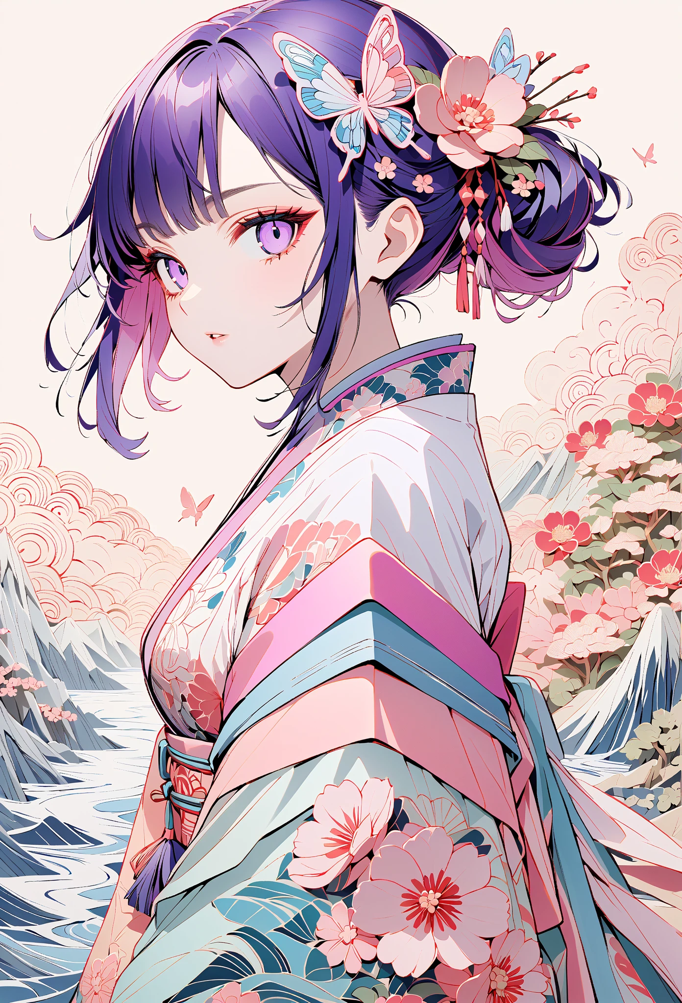 A mesmerizing surreal illustration of a young japanese woman resembling Shinobu Kouchou. She  wears a vibrant pastel colored outfit adorned with intricate floral patterns. She has a smooth, warm complexion, and bold, colorful tattoos cover her arms and legs. The tattoos feature traditional Japanese motifs like flowers and mythical creatures, rendered with meticulous detail in a pastel color palette. The background is a vintage floral-patterned wallpaper that complements the artwork's colors. The line work is precise, with delicate shading that gives the illustration a 3D quality. The artwork fuses modern illustration techniques with traditional Japanese aesthetics, resulting in a visually striking, portrait, Shinobu_Kocho, butterfly_hairpiece, multicolored_hair, purple_hair, black_hair, medium breasts, slender, arms behind back, 
