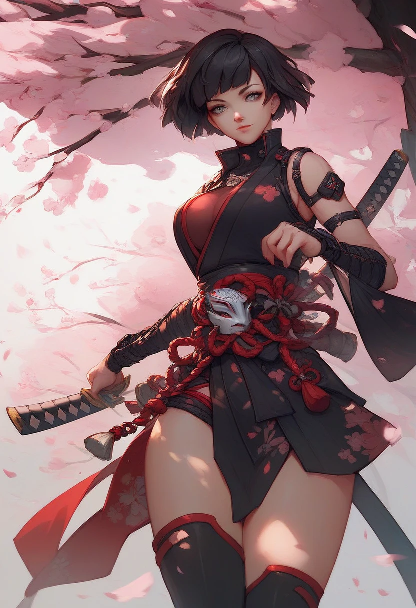 Ninja,  anime style,  short hair, bob hair, black hair, gray eyes, masked,  sexy, Under the cherry tree,  score_9,  score_8_up,  score_7_up,  score_6_up,  score_5_up,  score_4_up,  high definition , (ultra  high definition  quality details), 8k