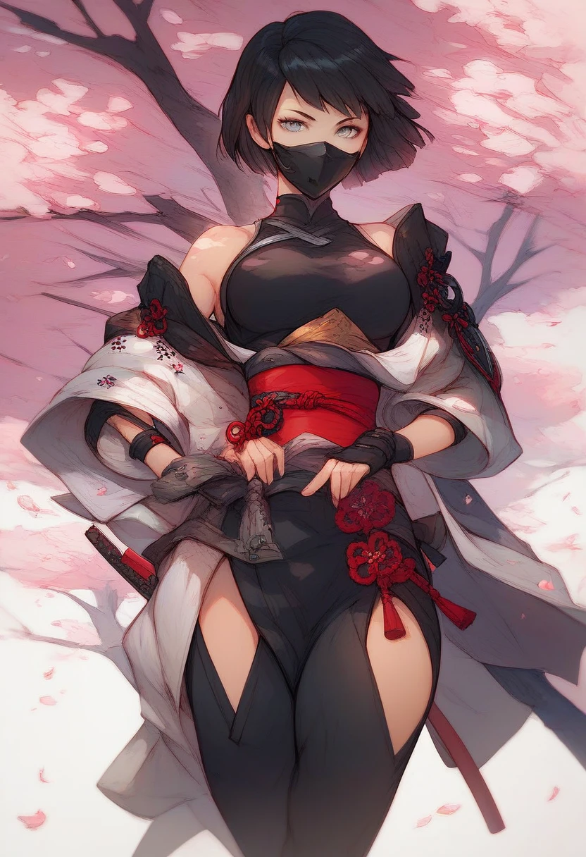 Ninja,  anime style,  short hair, bob hair, black hair, gray eyes, masked,  sexy, Under the cherry tree,  score_9,  score_8_up,  score_7_up,  score_6_up,  score_5_up,  score_4_up,  high definition , (ultra  high definition  quality details), 8k