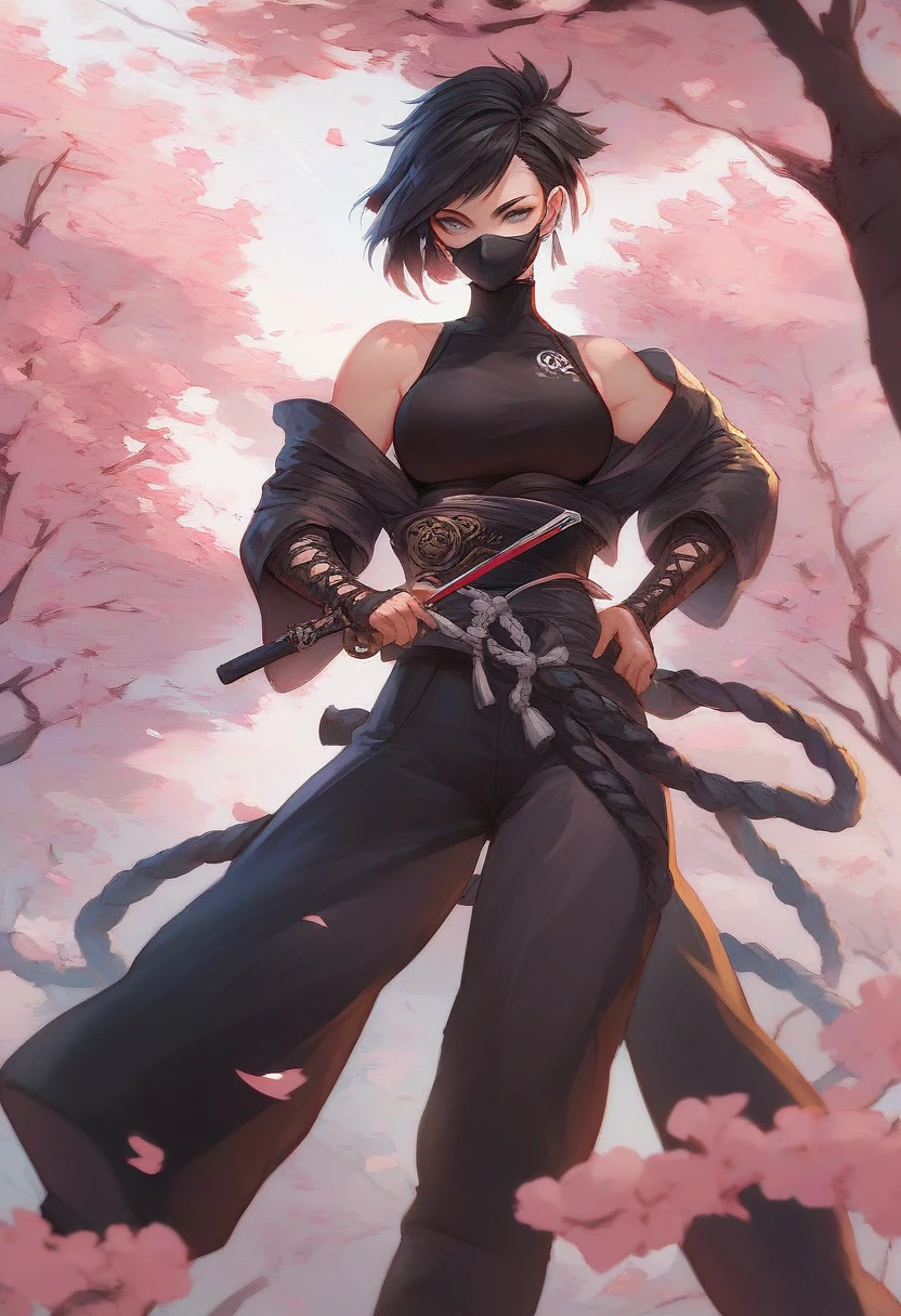 Ninja,  anime style,  short hair, bob hair, black hair, gray eyes, masked,  sexy, Under the cherry tree,  score_9,  score_8_up,  score_7_up,  score_6_up,  score_5_up,  score_4_up,  high definition , (ultra  high definition  quality details), 8k