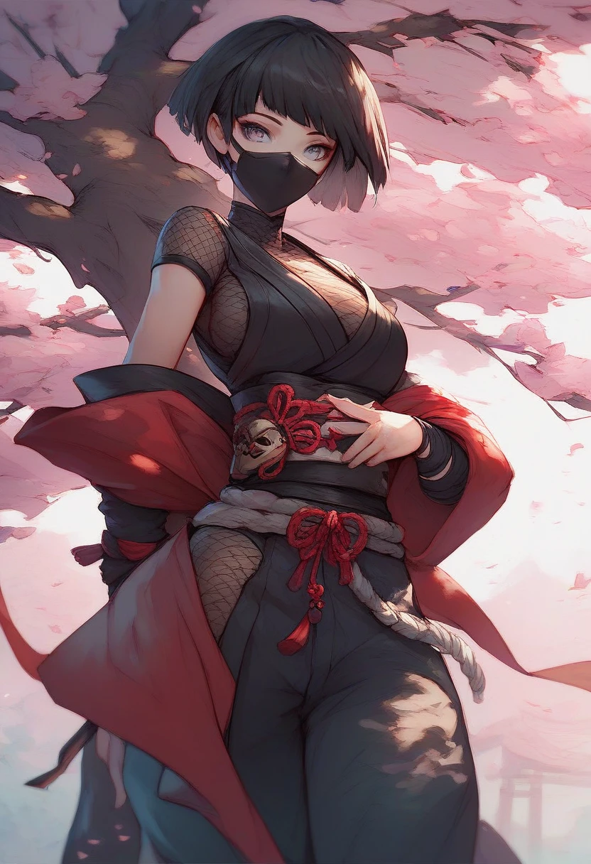 Ninja,  anime style,  short hair, bob hair, black hair, gray eyes, masked,  sexy, Under the cherry tree,  score_9,  score_8_up,  score_7_up,  score_6_up,  score_5_up,  score_4_up,  high definition , (ultra  high definition  quality details), 8k