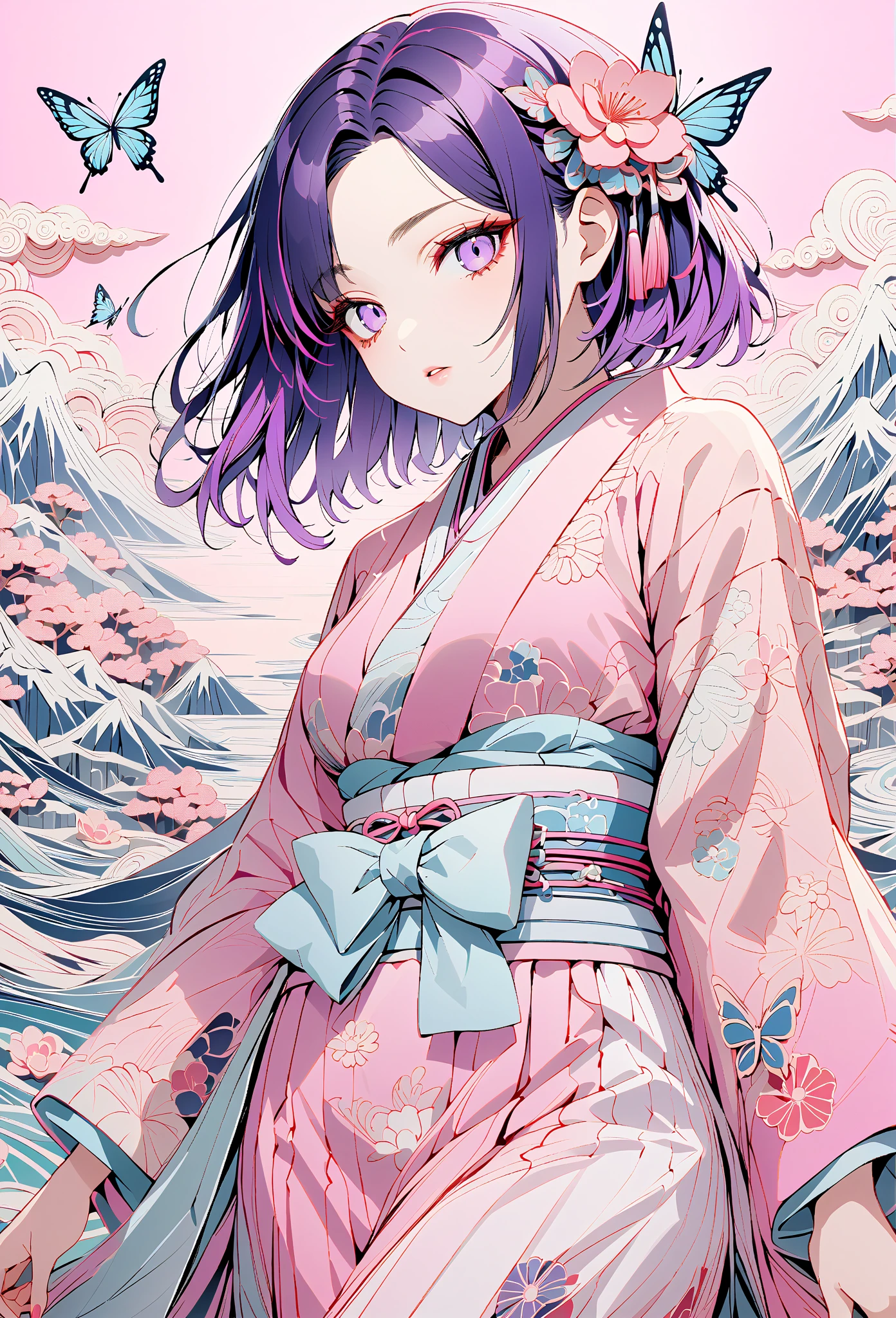 A mesmerizing surreal illustration of a young japanese woman resembling Shinobu Kouchou. She  wears a vibrant pastel colored outfit adorned with intricate floral patterns. She has a smooth, warm complexion, and bold, colorful tattoos cover her arms and legs. The tattoos feature traditional Japanese motifs like flowers and mythical creatures, rendered with meticulous detail in a pastel color palette. The background is a vintage floral-patterned wallpaper that complements the artwork's colors. The line work is precise, with delicate shading that gives the illustration a 3D quality. The artwork fuses modern illustration techniques with traditional Japanese aesthetics, resulting in a visually striking, portrait, Shinobu_Kocho, butterfly_hairpiece, multicolored_hair, purple_hair, black_hair, medium breasts, slender, arms behind back, 
