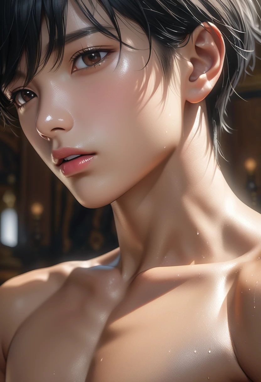 high quality, detailed, photo Realistic, (1 female to male),transgender,(22 years old tanned cute japanese), (detailed black eyes), (black short hair),(abs),(tanned shiny skin:1.3), flat chest, black tiny thong,(detailed nipples), palace bedroom, (best quality,4k,8k,highres,masterpiece:1.2), (face close up:0.8),(realistic,photorealistic,photo-realistic:1.37),