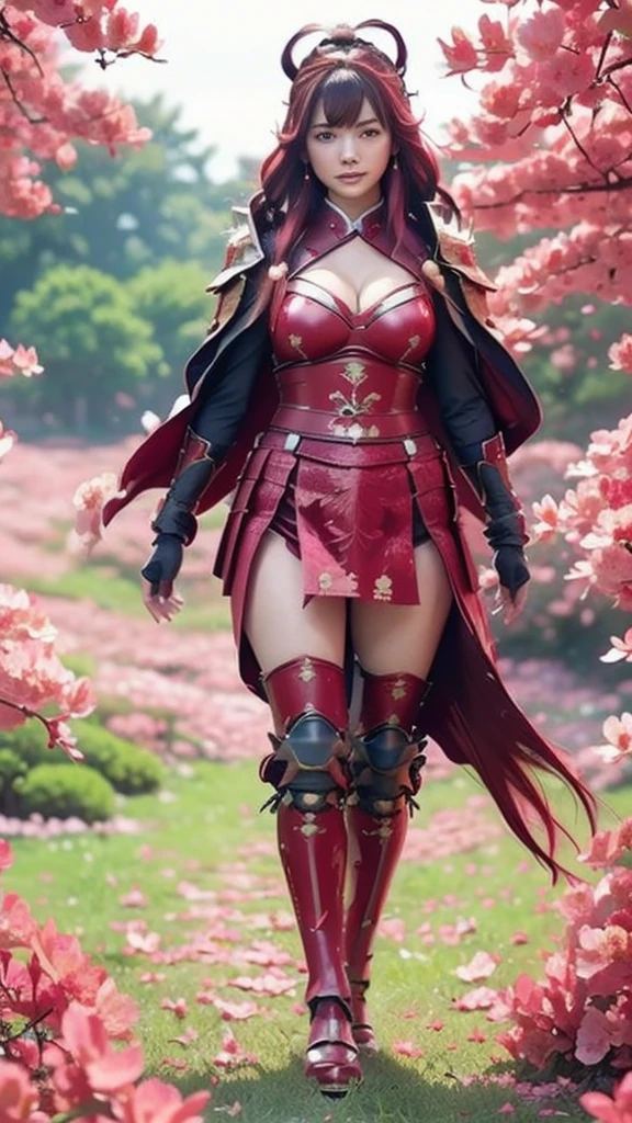 A sexy female character wearing red armor as a warrior from the Warring States period、((realistic))、((Medium long hair))、((Cherry red hair))、((toned body))、(glistening skin)、 tight body、((mega breasts 1.8))、 plump breasts 、 plump thighs 、 The red armor with the Satsuki flower pattern engraved on it is bikini type and is designed to accentuate chest exposure、( Wearing a cape with azalea flower pattern)、garter skirt
、White shin guards engraved with azalea flowers、Red high-cut underwear、Red tights、 absolute domain、((walking style))、Dramatic lighting、Brilliant Hill 、Big Asahi 、((Azalea flowers in full bloom are blooming in the background))、((Large azalea flowers in full bloom are blooming on the front))、 cinema-like scene 、((Background Japanese Satuki azalea)) 、((foreground Japanese Satuki azalea))、 Max Image、 Ultra High Definition、8k、masterpiece、crisp quality、