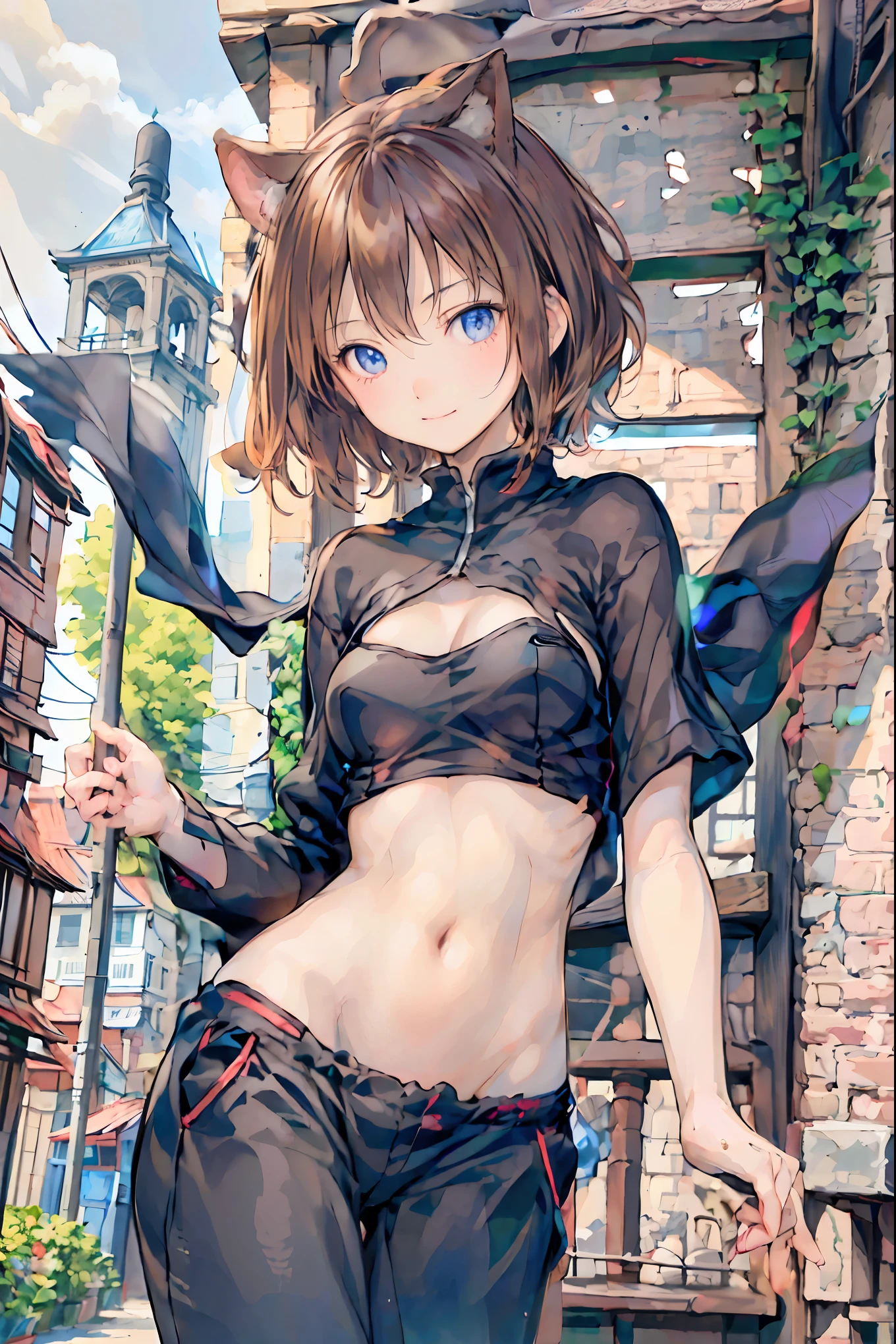 (( Masterpiece )), (black clothes), (( top quality)), ( Photos from the past 100 years :1.2), ( high definition :1.3), ( Let's take professional photos of each blooming location :1.2), ( Color Difference), mischievous girl , (()), (Serious), audience , Plain Shirt, Bedhead, Curly hair, ( SMALL WAIST PANTS ), ((Take off your work pants)), , ( small breasts), Cute waist, outdoors , ((Top of the big bell tower)),International Travel,Brown suitcase, The sun is shining on a bright summer day , Girl looking down from the top of the hill , the wind is blowing ,Tower of Pisa,tourist spot, ANCIENT CITY ,sunlight ,Highlands,holy place,Multiple Churches, brown hair , shortcut , hair is unkempt , short braided hair ,Neat, slender beauty、Positive Attitude, small breasts, Beautiful Legs with Tails , Her charming gray-blue eyes shine like stars , bright color, beautiful eyes ,A delicate smile, Her enchanting gray-blue eyes shine like stars , top quality, Gentle beautiful woman , anime style、(( from below:1.2)),