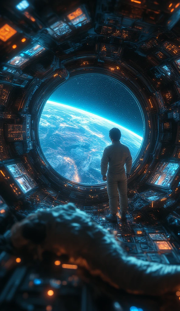 interior of a space station. the space station is dark, with intricate design, devices and wiring on its walls. it has a window that shows the full earth. an astronaut looks at the window, his back is facing the viewer. an alien monster is lucking nearby in the dark and can be seen in the foreground. the bokeh effect focuses the man who is looking at the earth while the alien monster is blurry in the foreground.