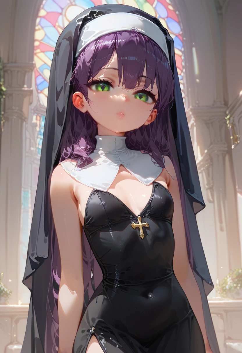 ((high quality)), ((nsfw)), ((anime girl)), ((wide shot)), ((**li girl)), ((sexually active)), ((provocative scenario)), beautiful girl, beautiful body, nun's dress, flat chest, green eyes, long hair, purple hair 