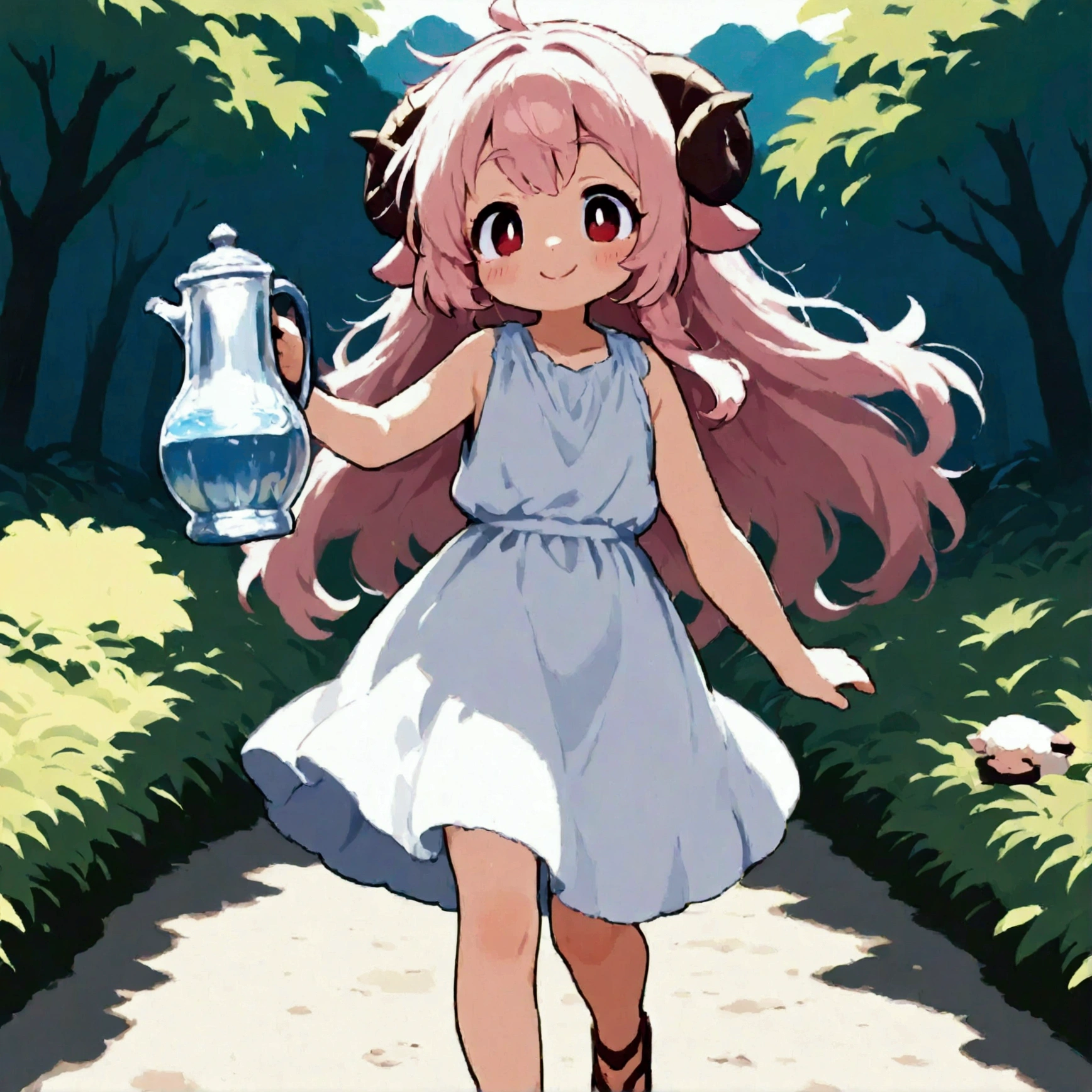 score_9, score_8_up, score_7_up, source_anime, (masterpiece:1.3, best quality:1.3, 8k,  highres icon:1.3, good anatomy), 1girl,  pink fluffy long hair holding a water jug\ Fluffy Long Hair, Sheep&#39;s round horns, Thick eyebrows, smile,  ancient Greek costume, Sandals, Holding a porcelain water jug:1.2, cute