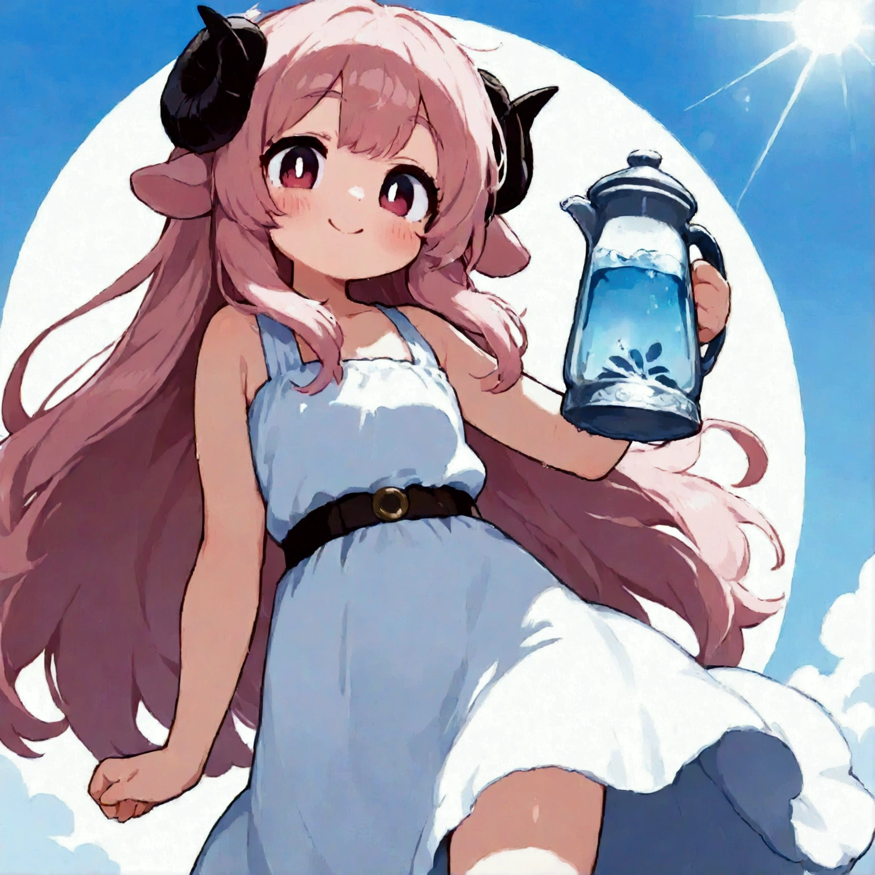 score_9, score_8_up, score_7_up, source_anime, (masterpiece:1.3, best quality:1.3, 8k,  highres icon:1.3, good anatomy), 1girl,  pink fluffy long hair holding a water jug\ Fluffy Long Hair, Sheep&#39;s round horns, Thick eyebrows, smile,  ancient Greek costume, Sandals, Holding a porcelain water jug:1.2, cute