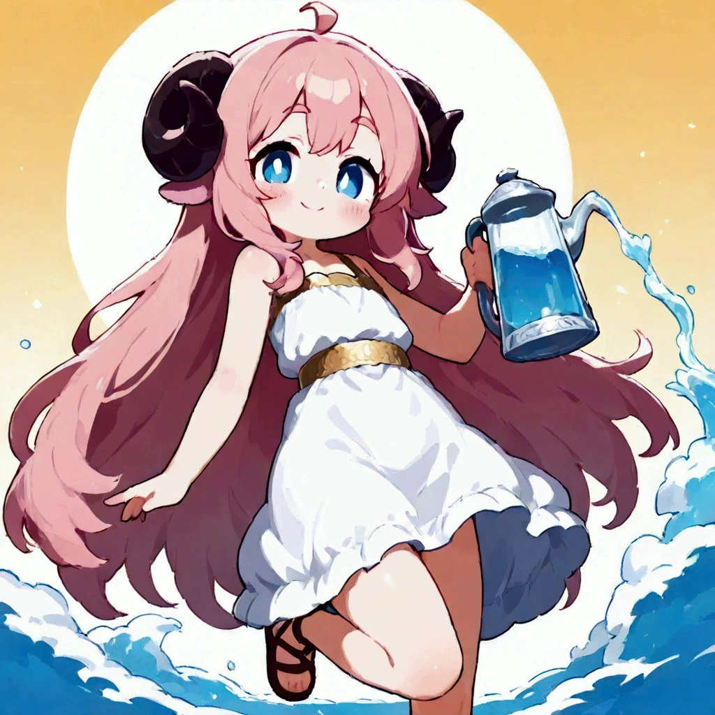 score_9, score_8_up, score_7_up, source_anime, (masterpiece:1.3, best quality:1.3, 8k,  highres icon:1.3, good anatomy), 1girl,  pink fluffy long hair holding a water jug\ Fluffy Long Hair, Sheep&#39;s round horns, Thick eyebrows, smile,  ancient Greek costume, Sandals, Holding a porcelain water jug:1.2, cute