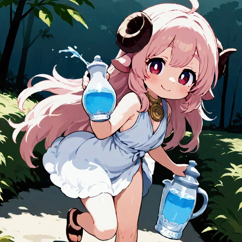 score_9, score_8_up, score_7_up, source_anime, (masterpiece:1.3, best quality:1.3, 8k,  highres icon:1.3, good anatomy), 1girl,  pink fluffy long hair holding a water jug\ Fluffy Long Hair, Sheep&#39;s round horns, Thick eyebrows, smile,  ancient Greek costume, Sandals, Holding a porcelain water jug:1.2, cute