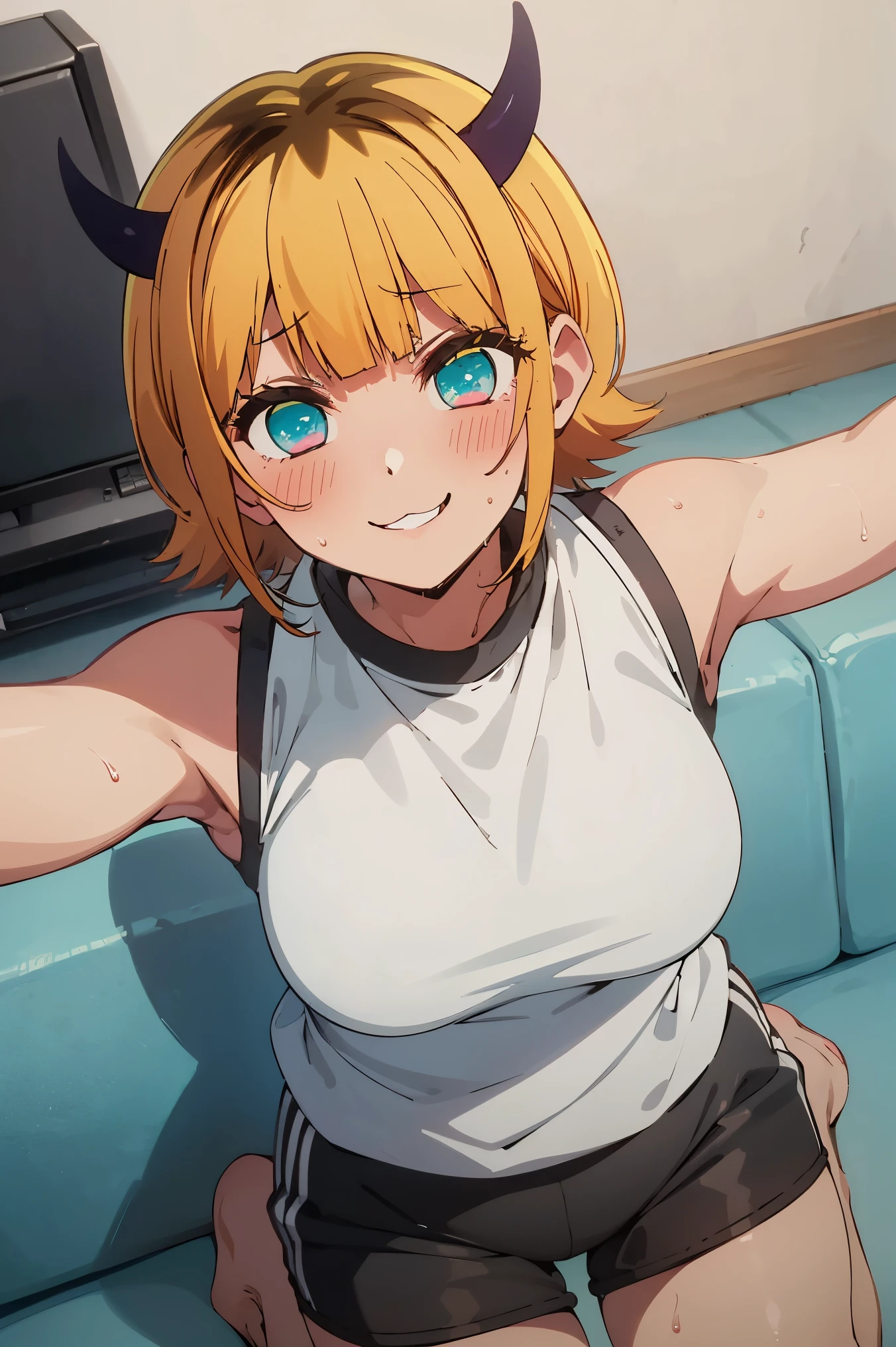 NSFW,masterpiece, top quality, high definition , very detailed ,Memucho, short haired 、 blonde hair 、 multicolor hair 、Aqua Eye、 dull bangs、horn, workout clothes, spats,office,Sofa,blush,smile,Heavy breathing,sweat, wet body